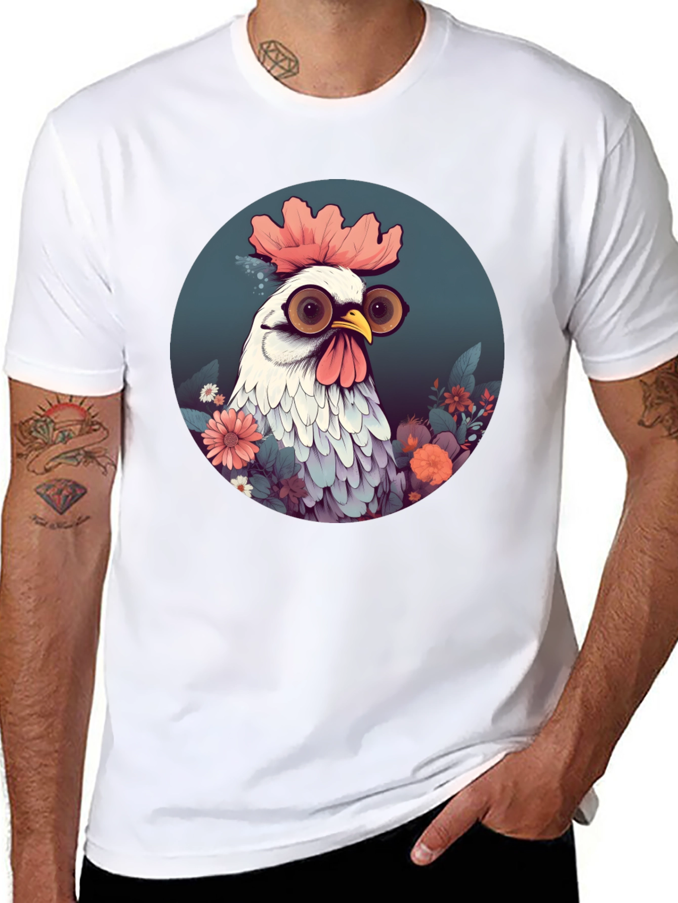 Quirky Chicken Graphic Tee - Round Neck Black