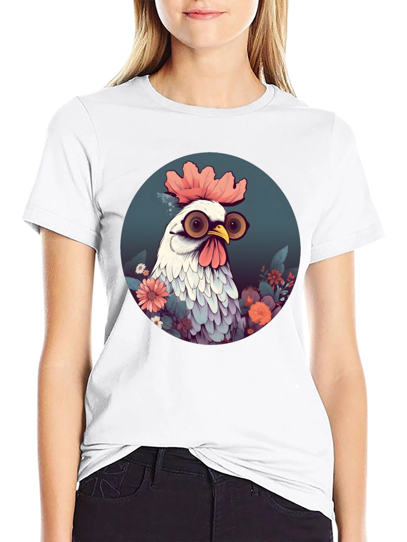 Quirky Chicken Graphic Tee - Round Neck Black