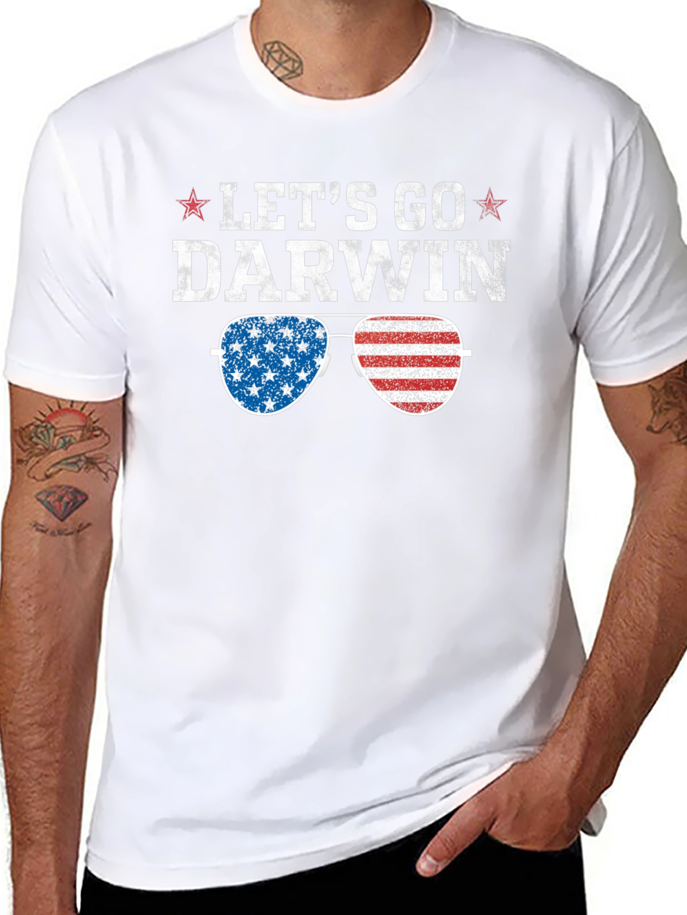 Lets Go Darwin Graphic Tee - American Flag Sunglasses