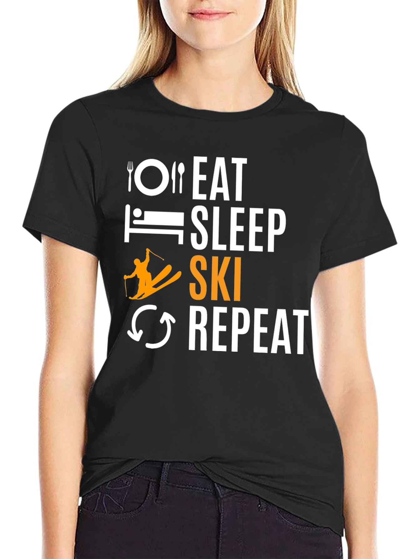 Eat Sleep Ski Repeat Black Graphic Tee