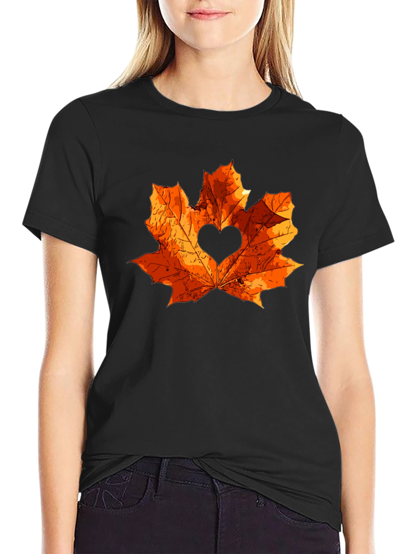 Autumn Love Maple Leaf Black T-Shirt