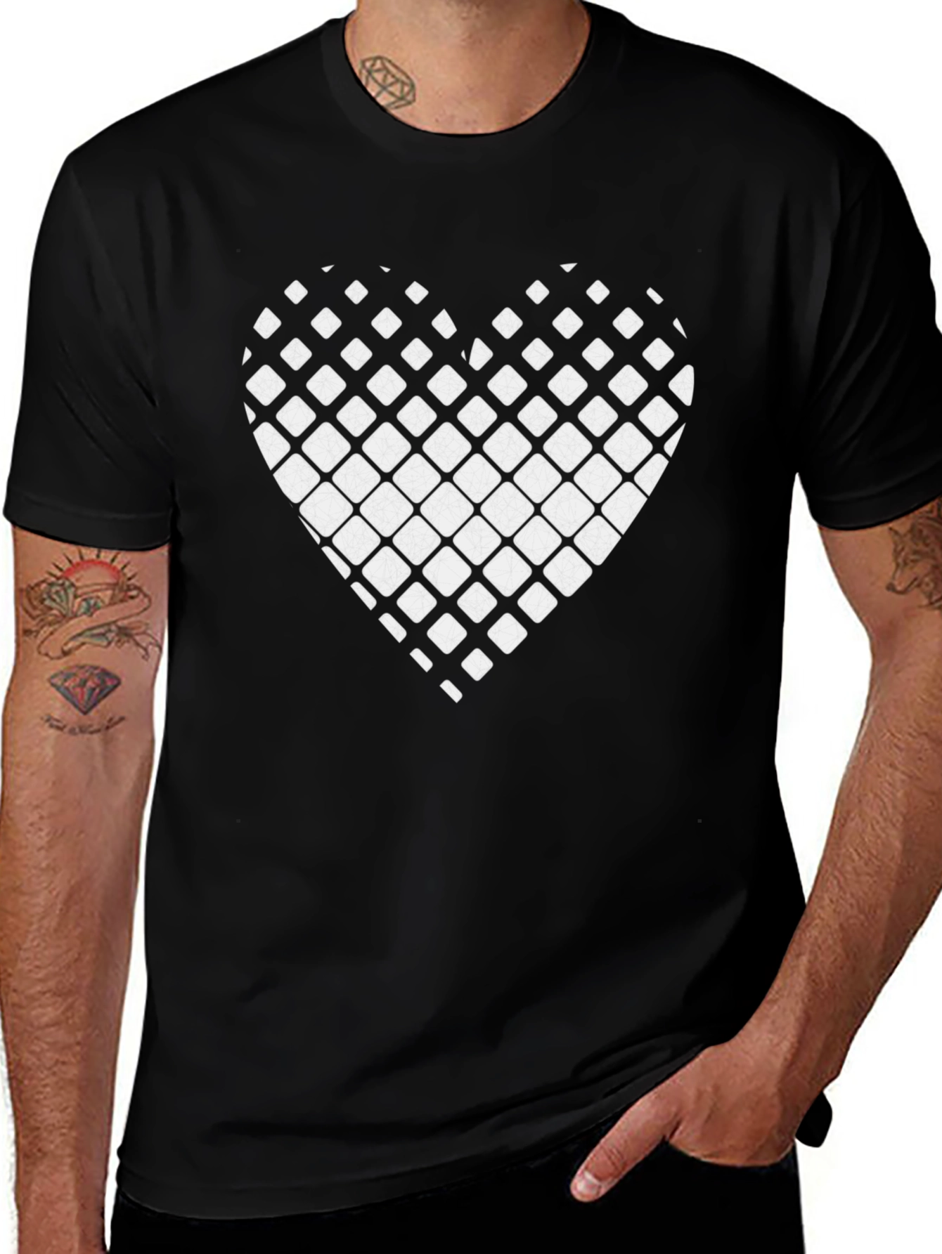 Grid Heart Graphic Tee - Stylish Black Cotton T-Shirt
