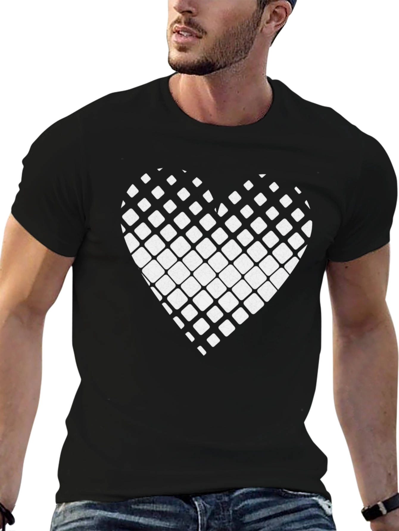 Grid Heart Graphic Tee - Stylish Black Cotton T-Shirt