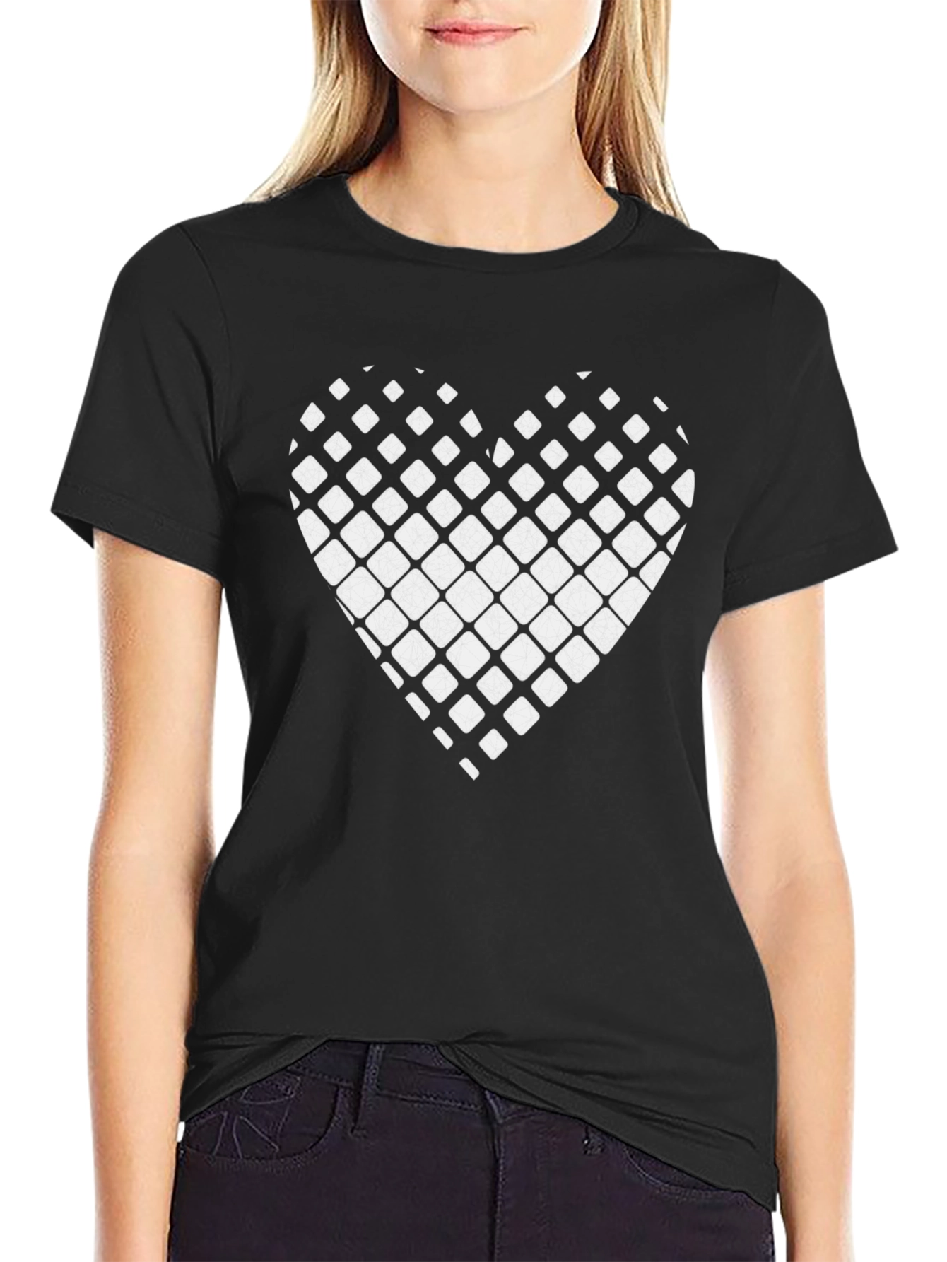 Grid Heart Graphic Tee - Stylish Black Cotton T-Shirt