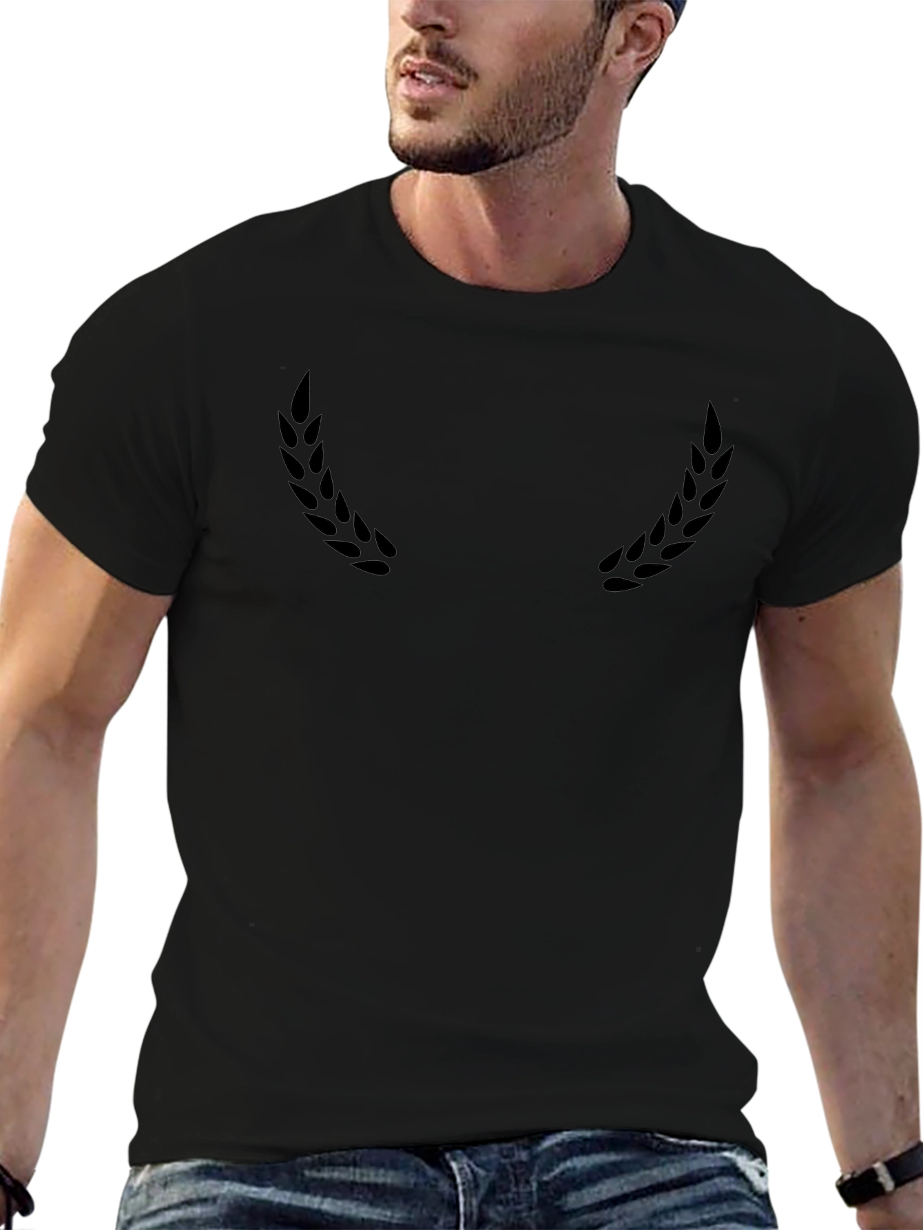 Stylish Black Crew Neck T-Shirt with Subtle Laurel Design
