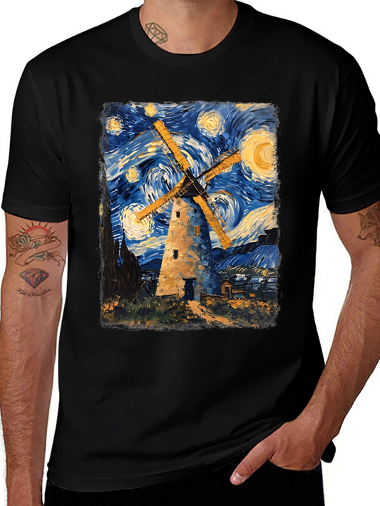 Starry Night Windmill Graphic T-Shirt
