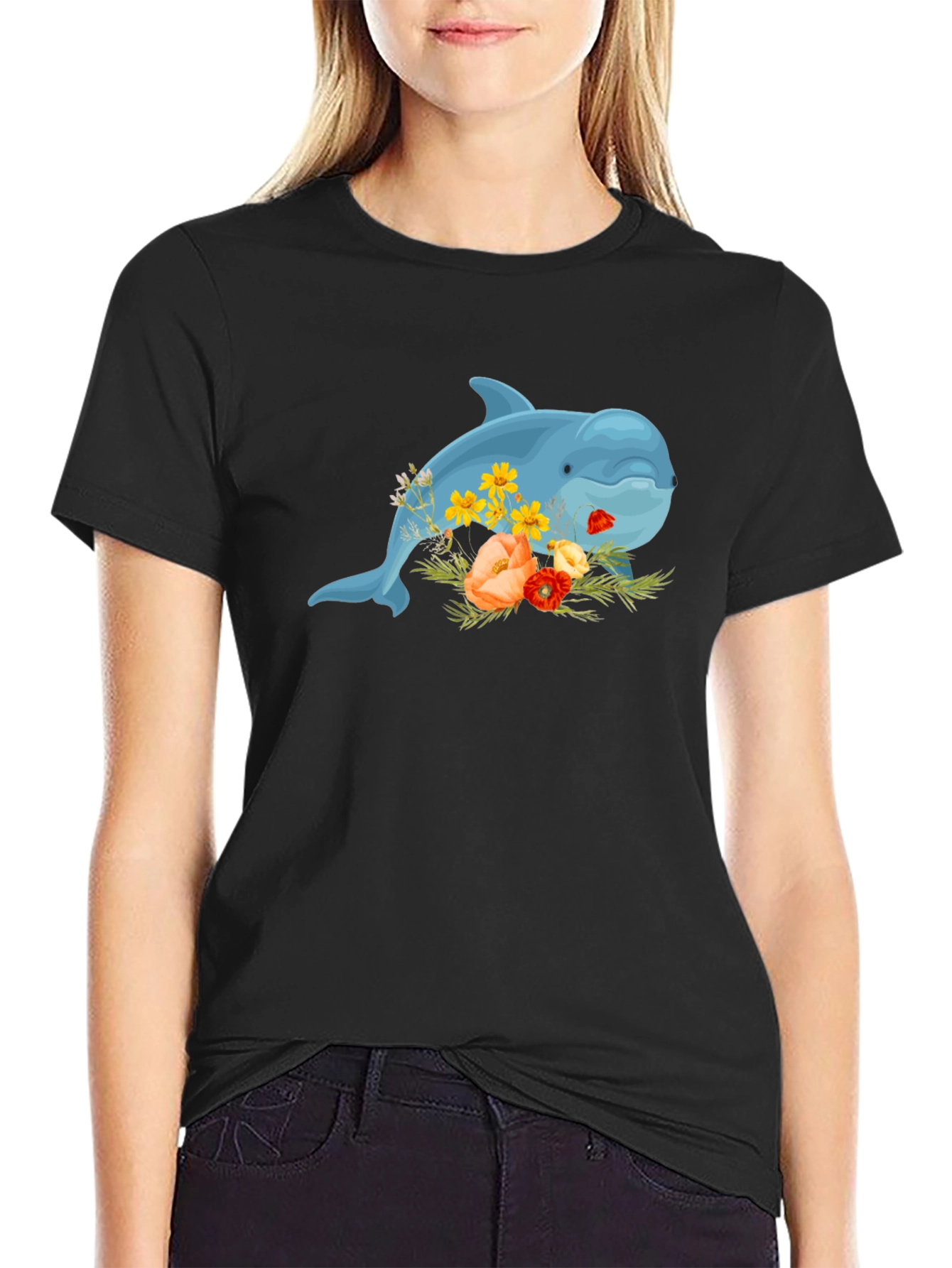 Floral Dolphin Black T-Shirt
