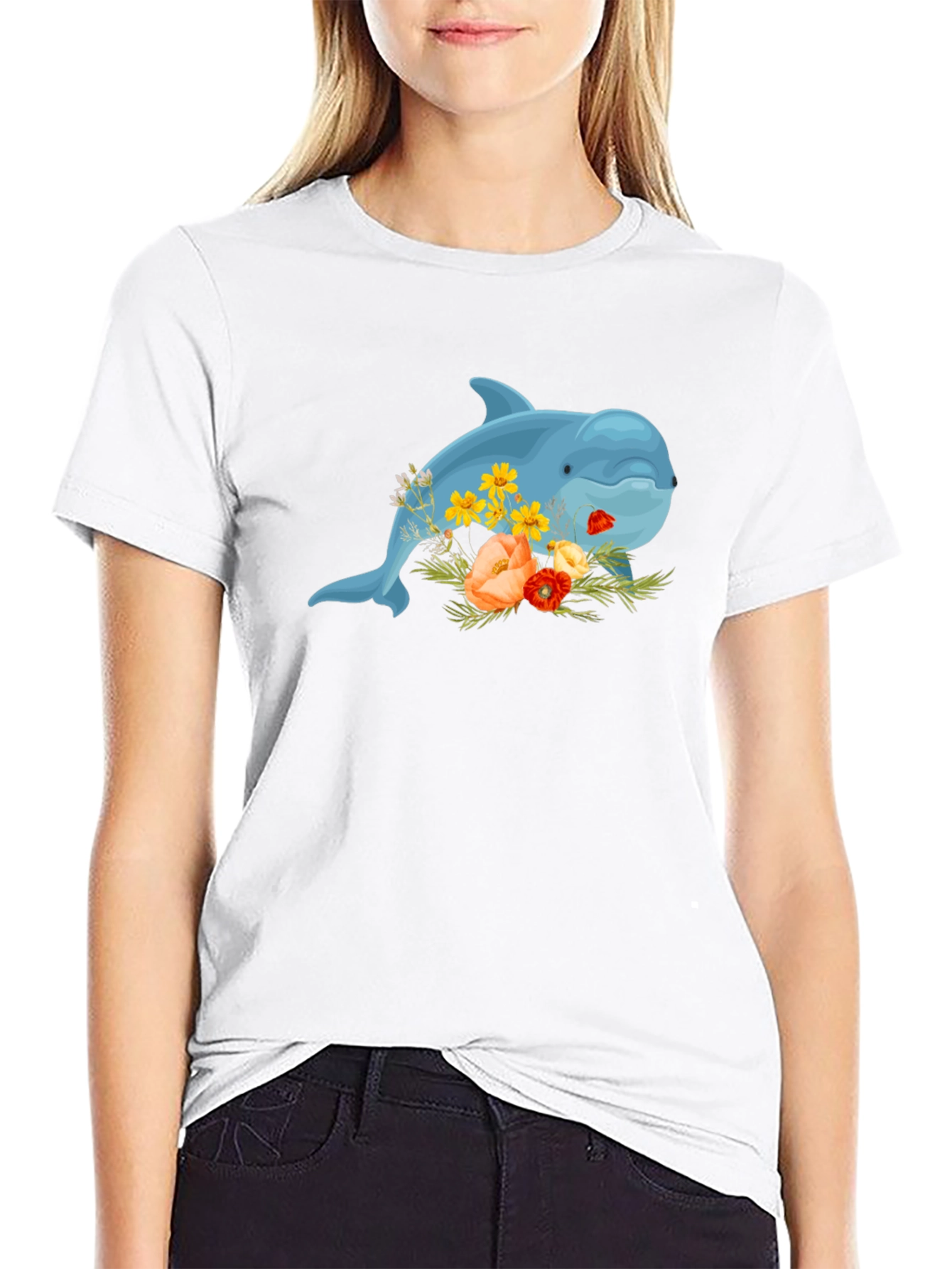 Floral Dolphin Black T-Shirt