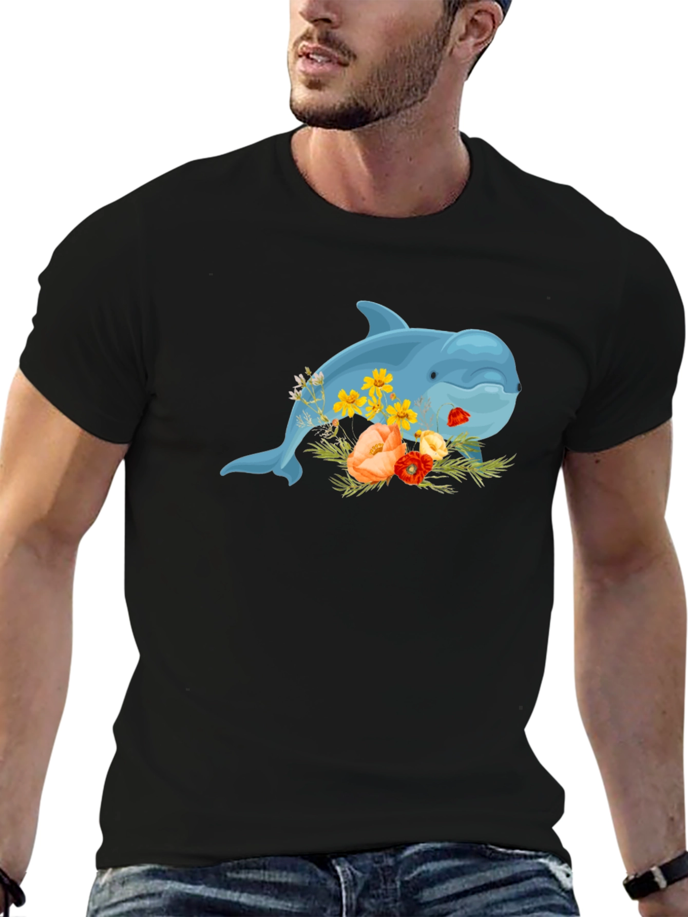 Floral Dolphin Black T-Shirt