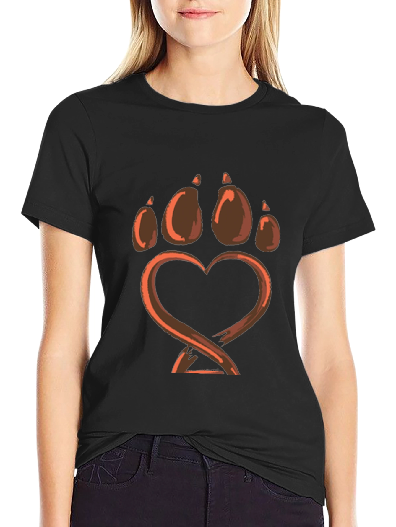 Paw Print Heart Graphic Tee - Soft Black Shirt