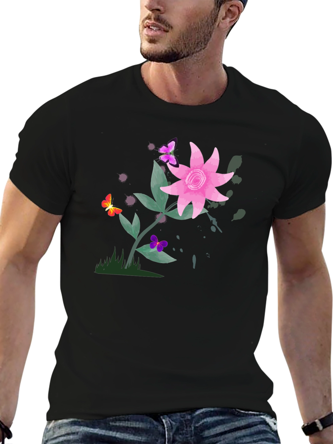 Floral Butterfly Graphic Black T-Shirt