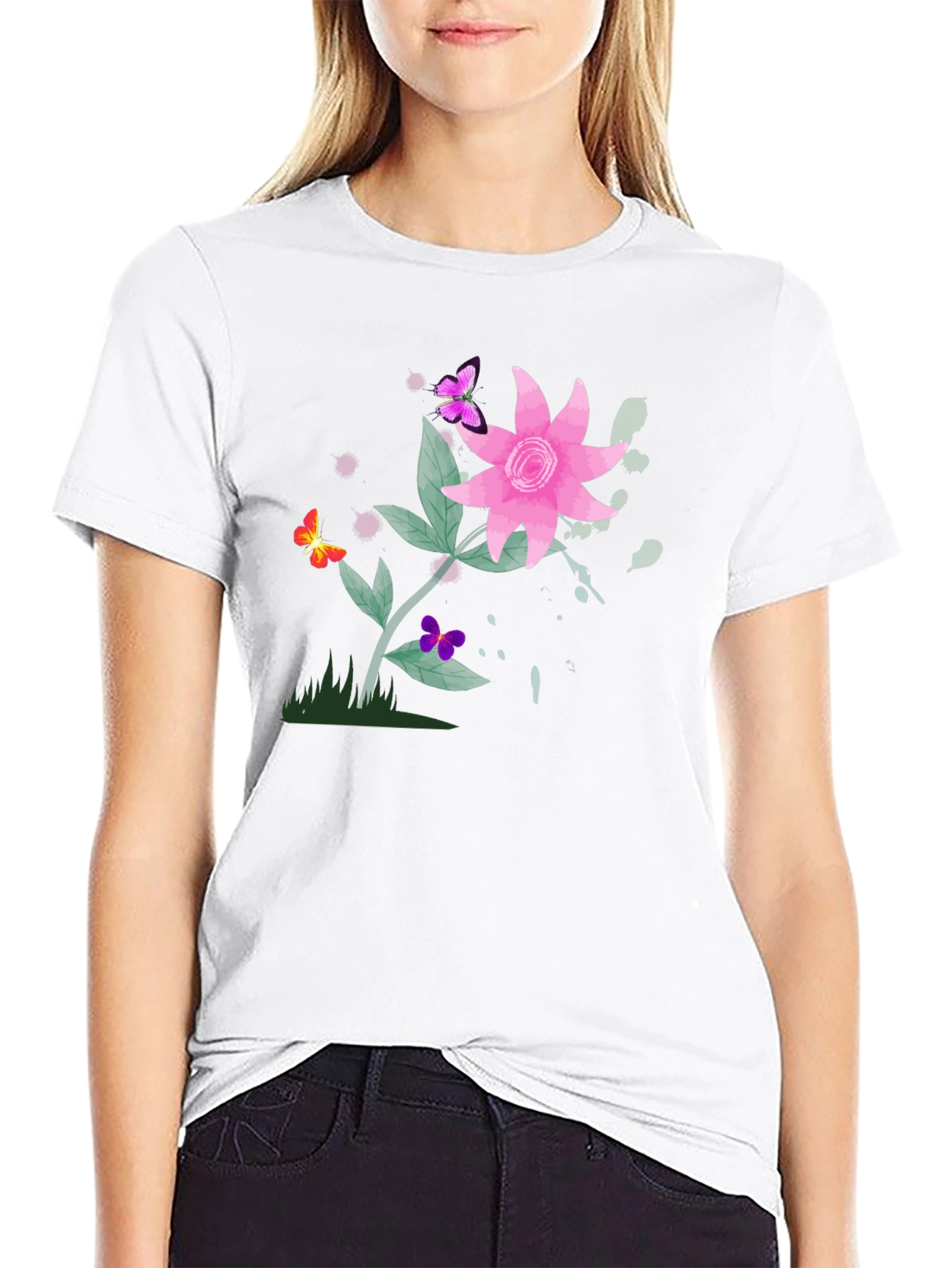 Floral Butterfly Graphic Black T-Shirt