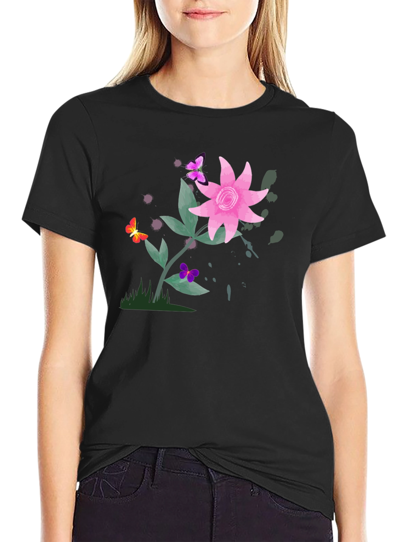 Floral Butterfly Graphic Black T-Shirt