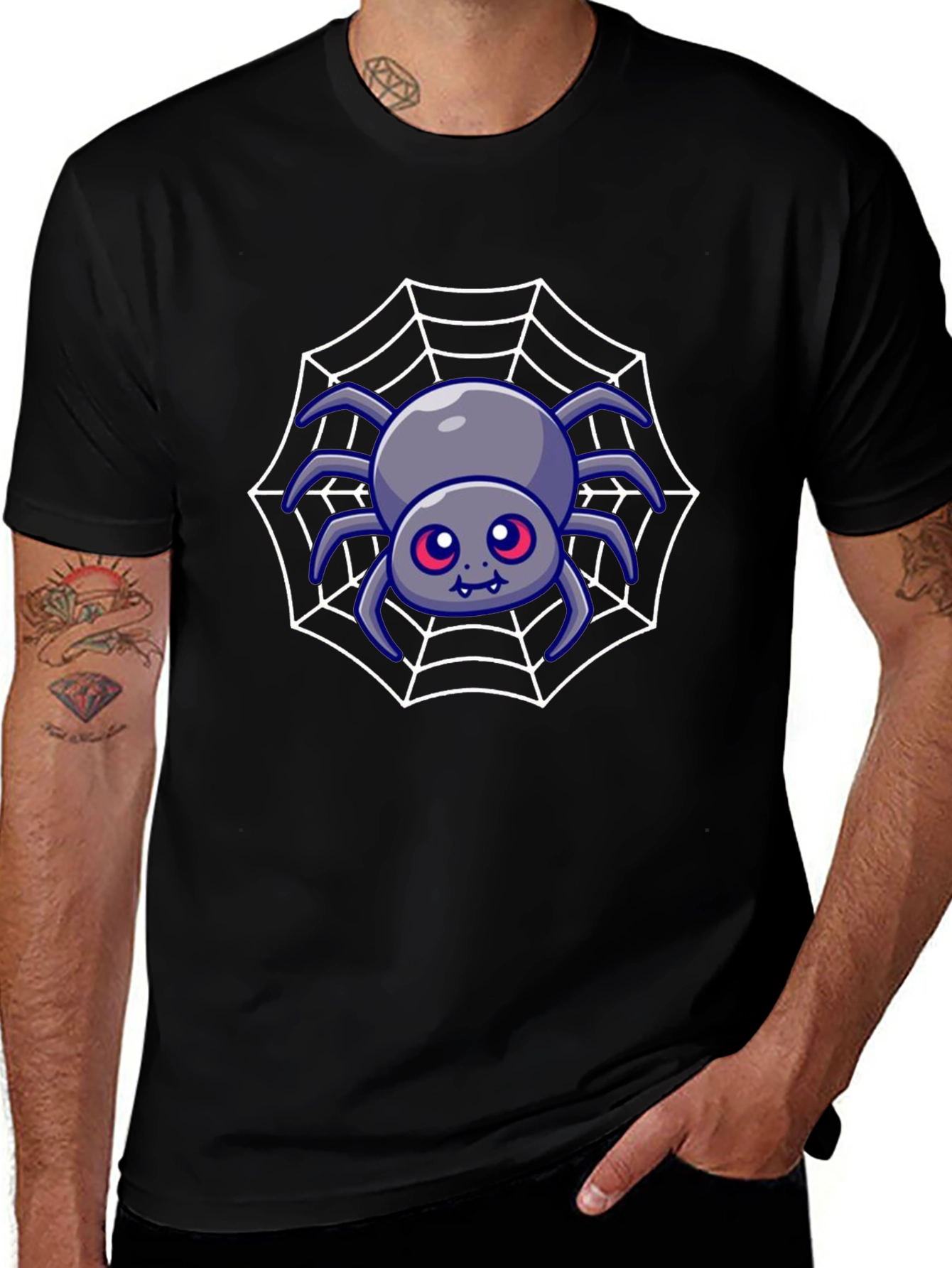 Cute Spider Web Graphic Tee - Black Cotton Blend