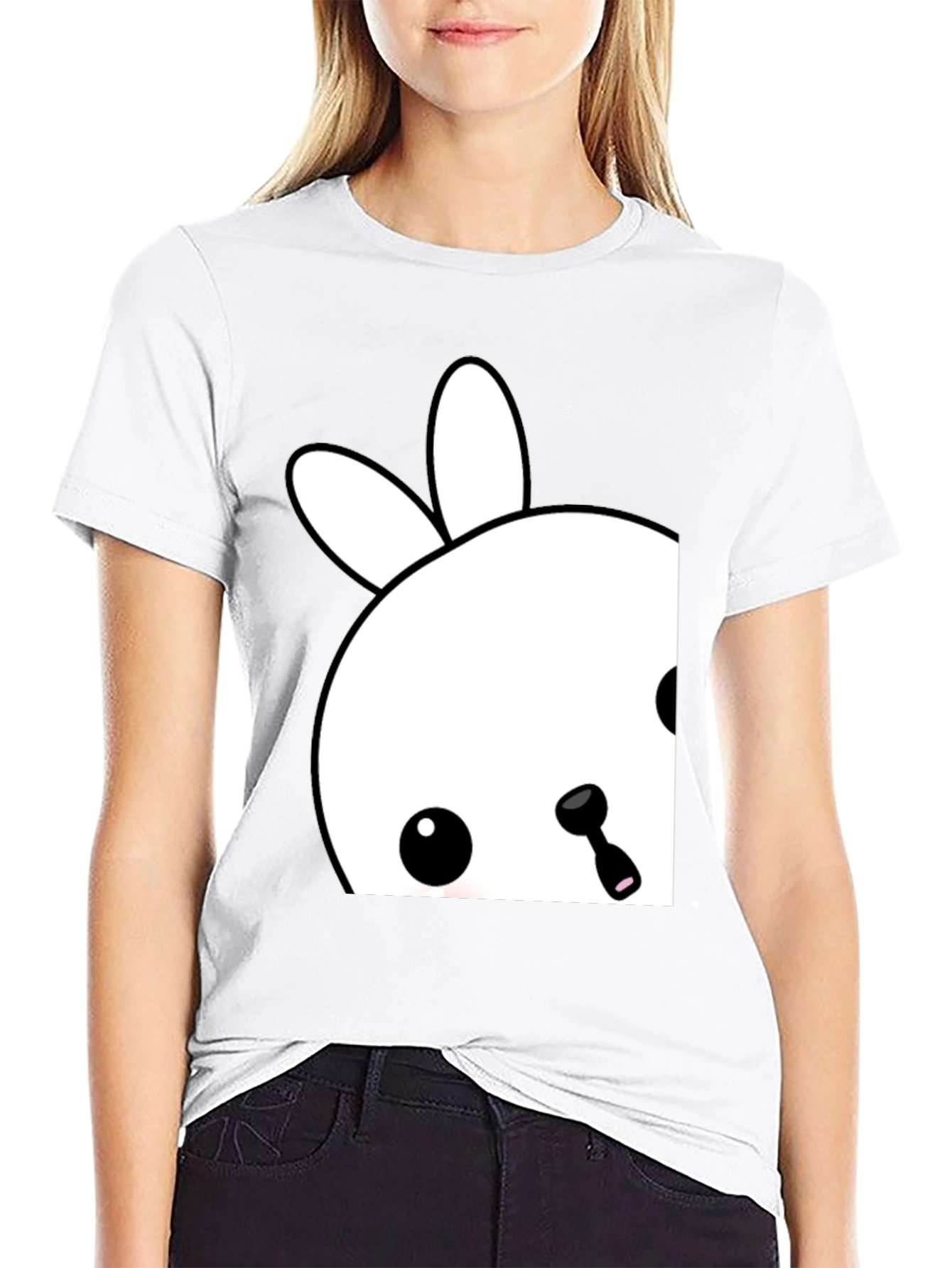 Cute Bunny Graphic Tee - Black Cotton Blend