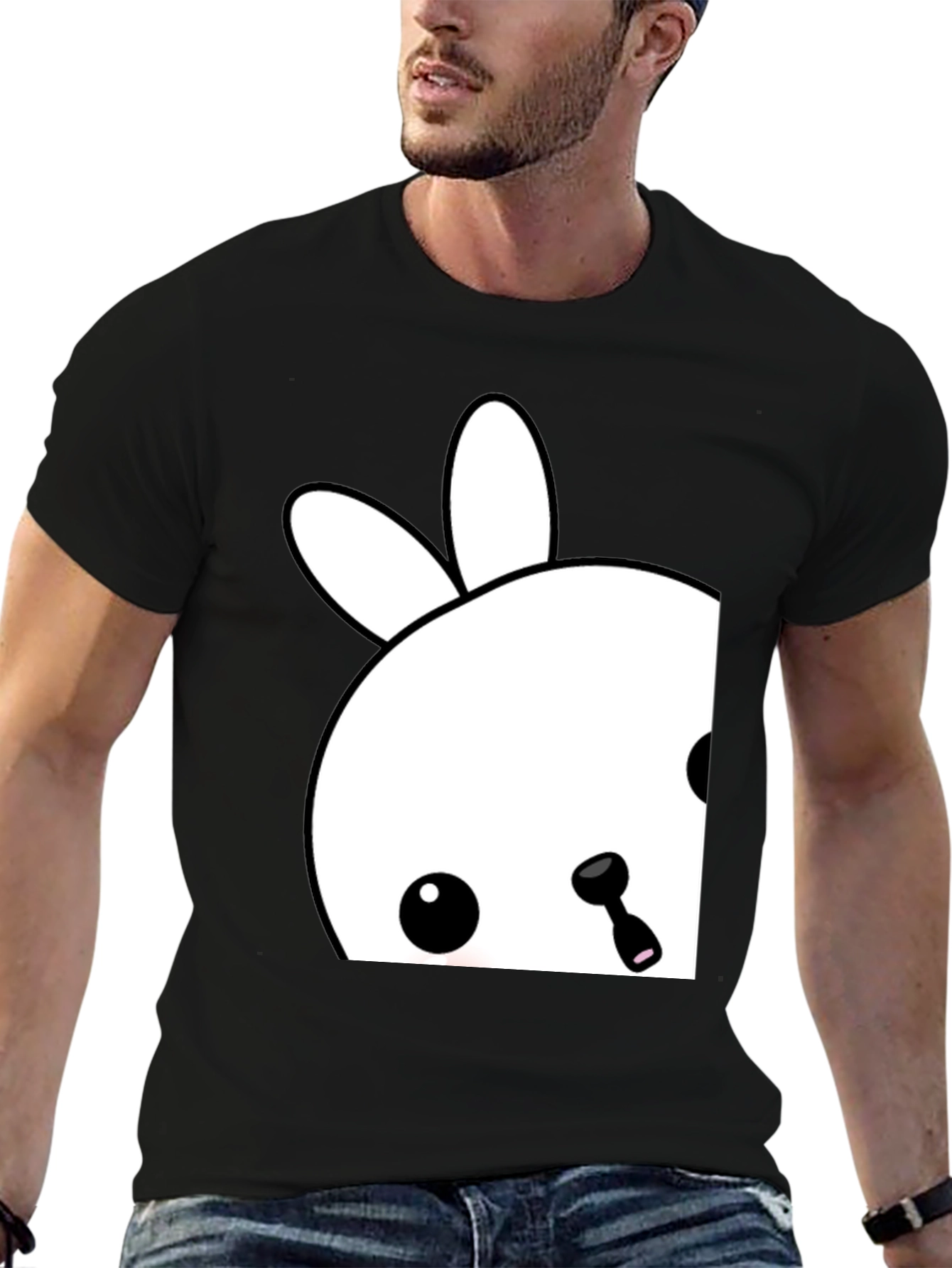 Cute Bunny Graphic Tee - Black Cotton Blend