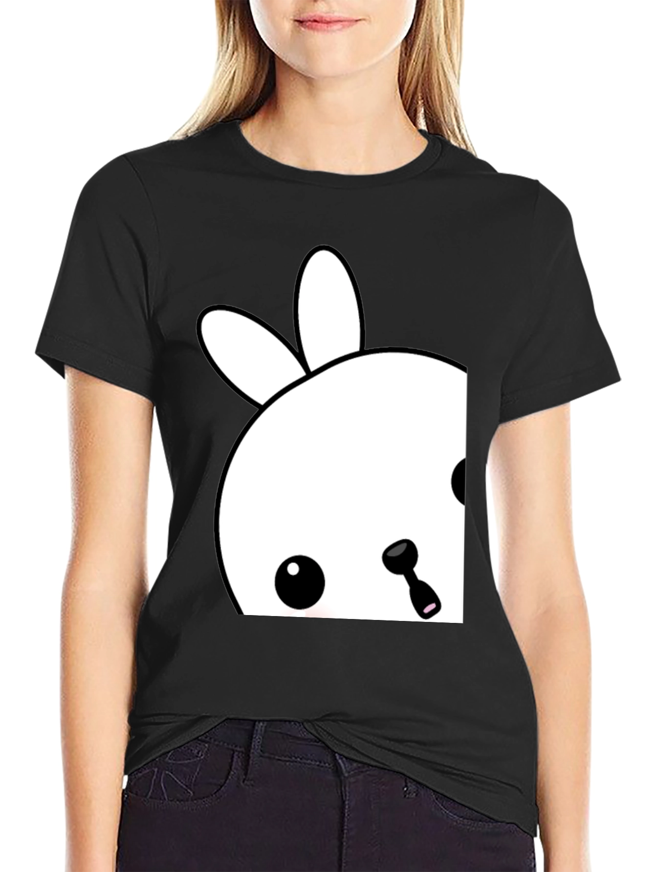 Cute Bunny Graphic Tee - Black Cotton Blend