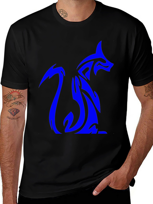 Tribal Blue Fox Design Black T-Shirt