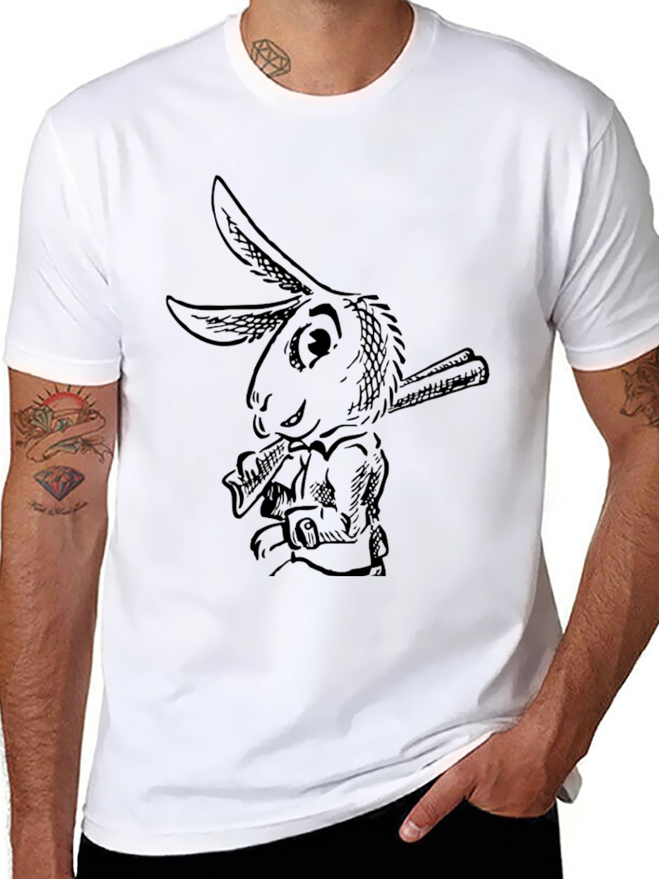 Rabbit Baseball Tee - Black Cotton Graphic T-Shirt