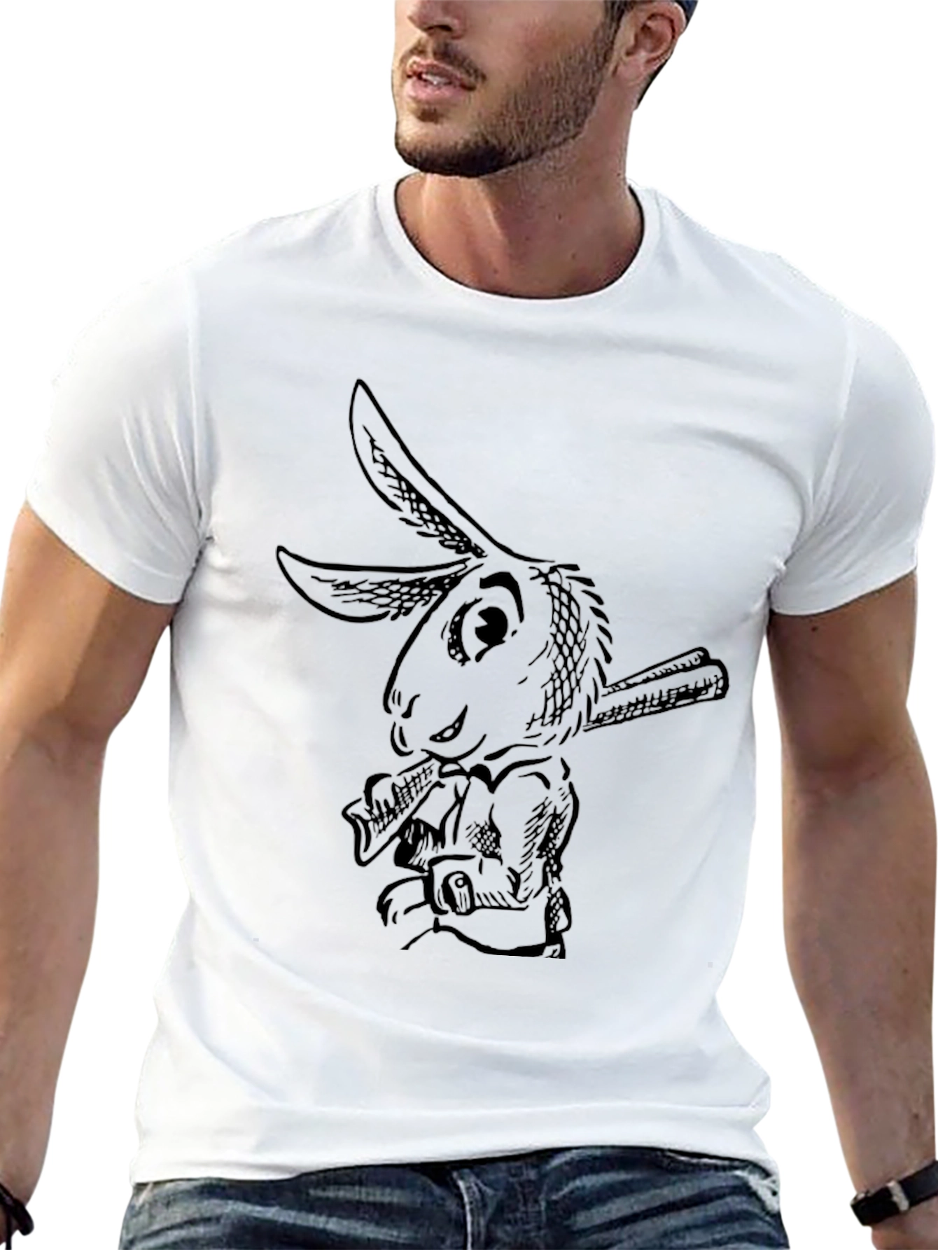 Rabbit Baseball Tee - Black Cotton Graphic T-Shirt