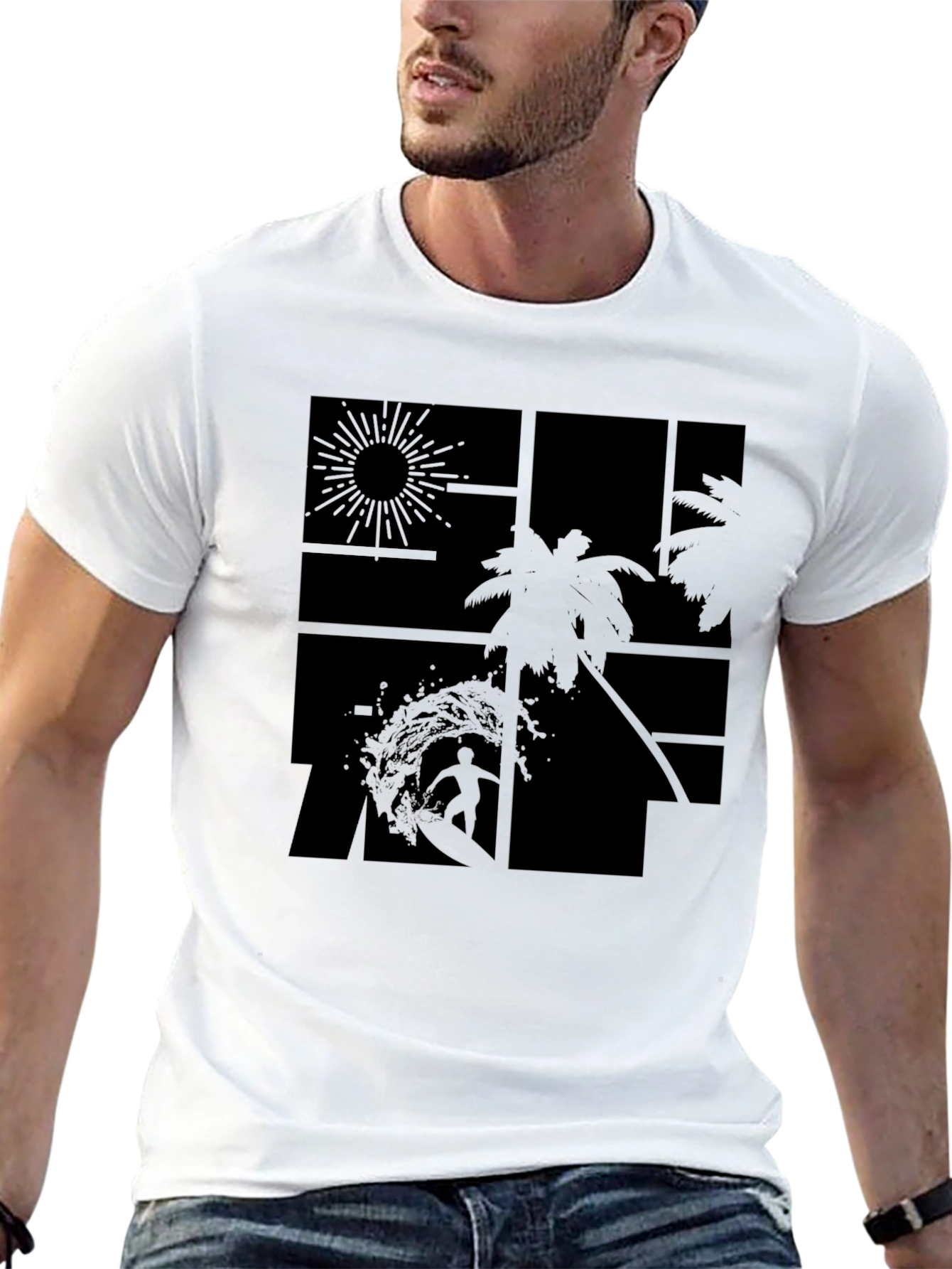 Tropical Surf Design Black T-Shirt