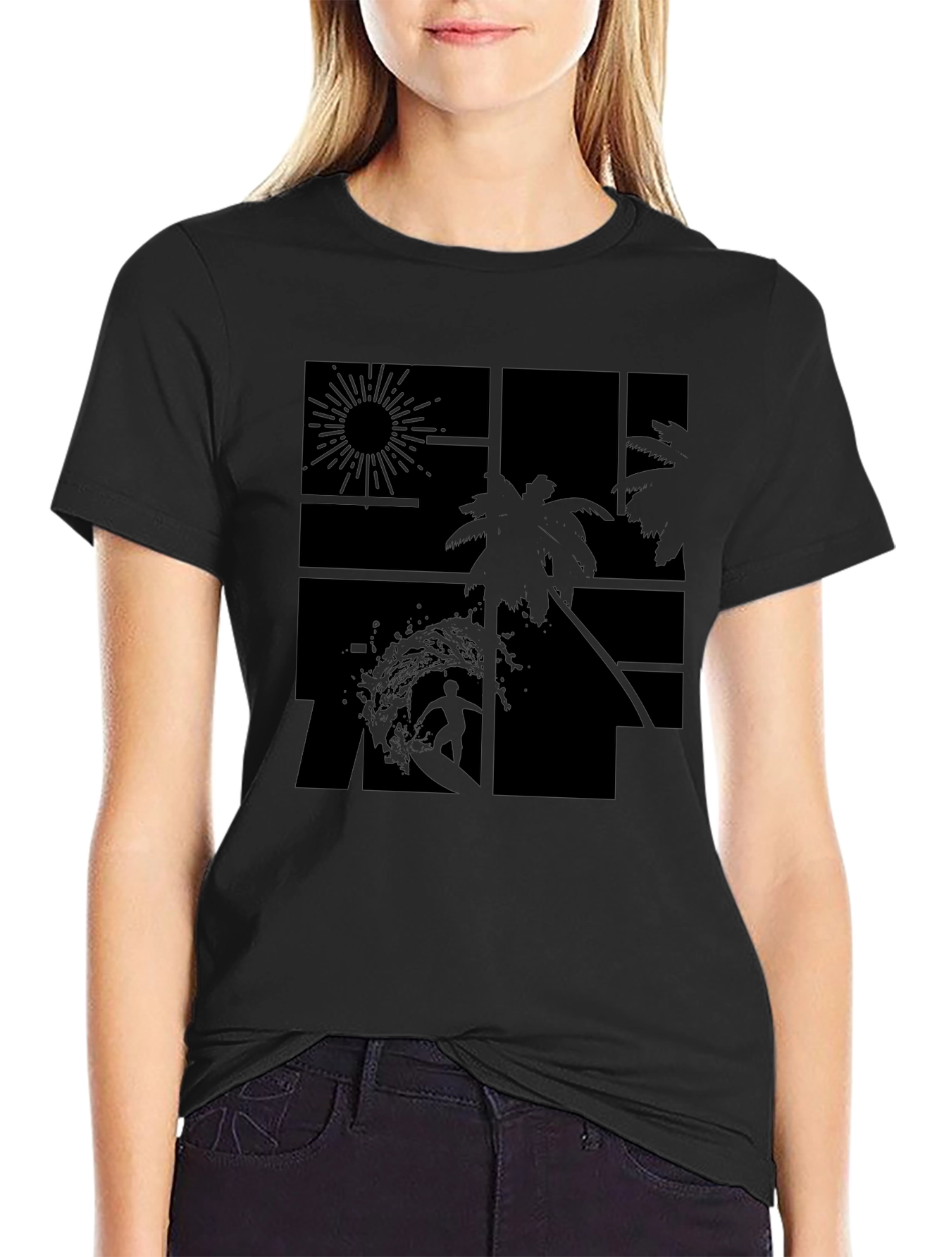 Tropical Surf Design Black T-Shirt