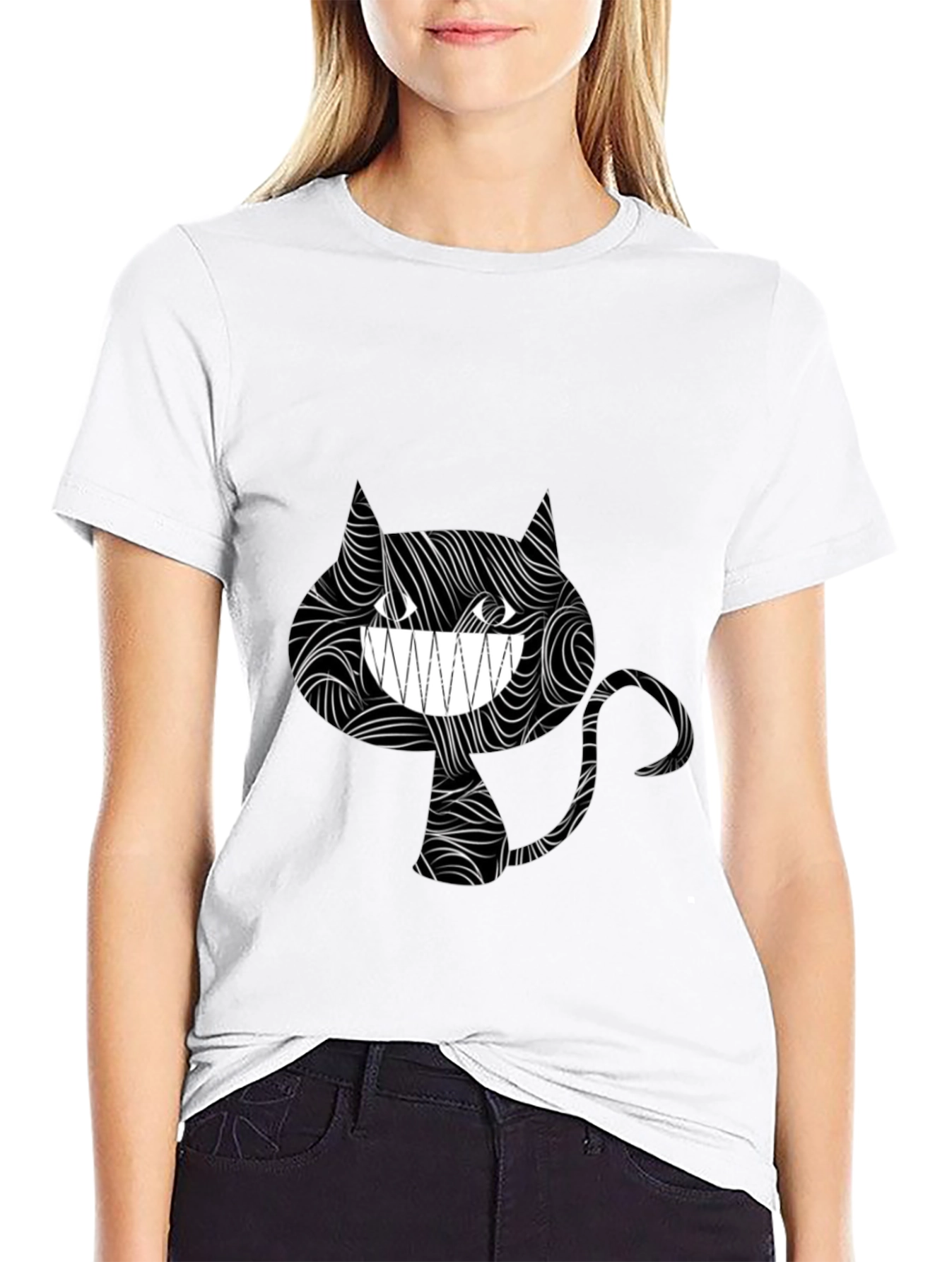 Grinning Cat Tee - Stylish Black Graphic T-Shirt