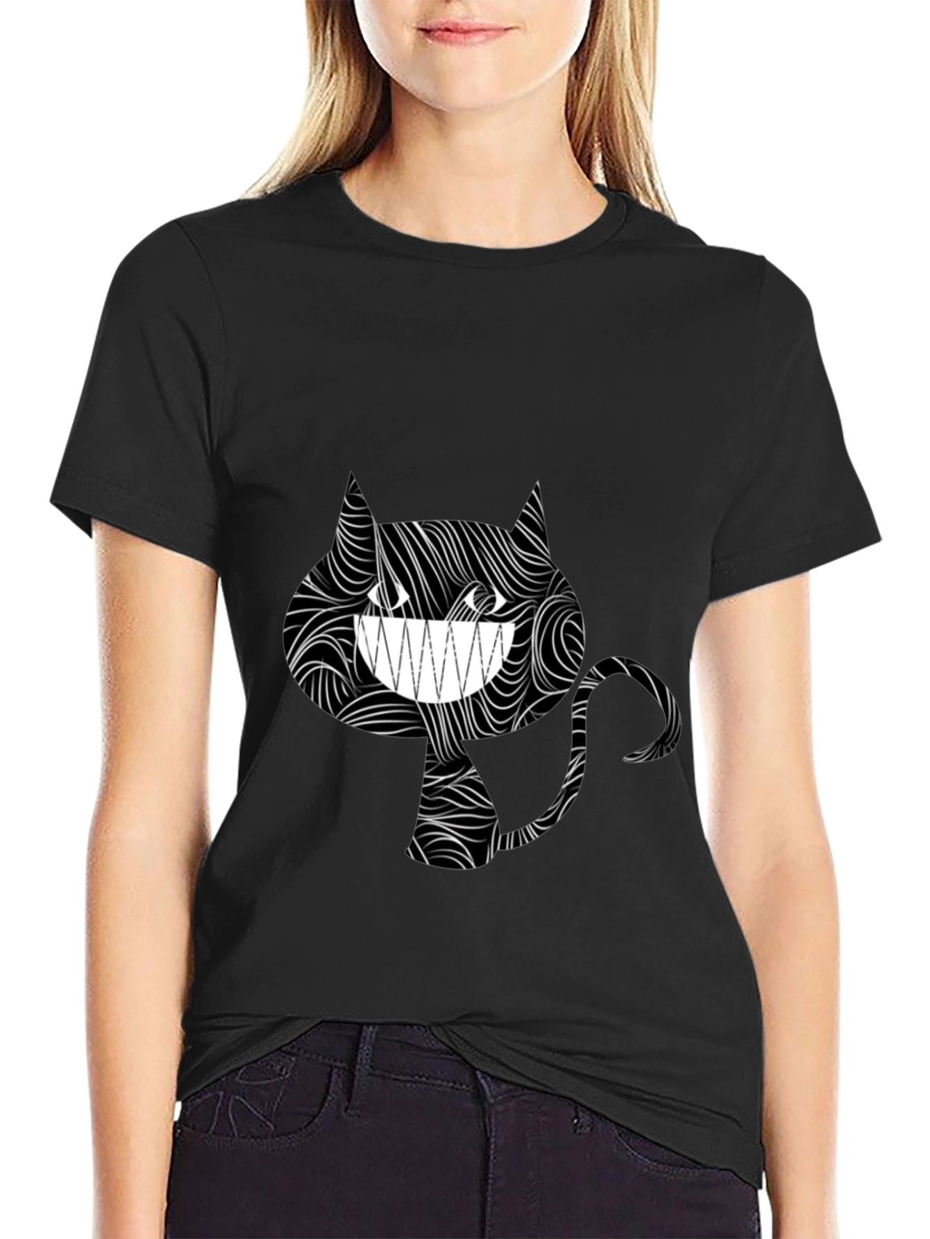 Grinning Cat Tee - Stylish Black Graphic T-Shirt