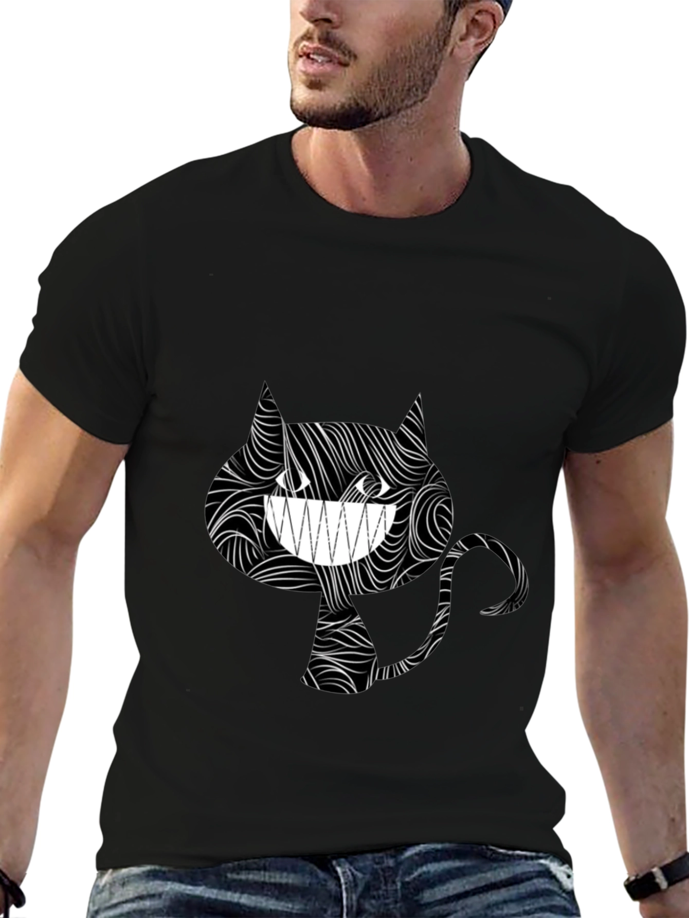 Grinning Cat Tee - Stylish Black Graphic T-Shirt