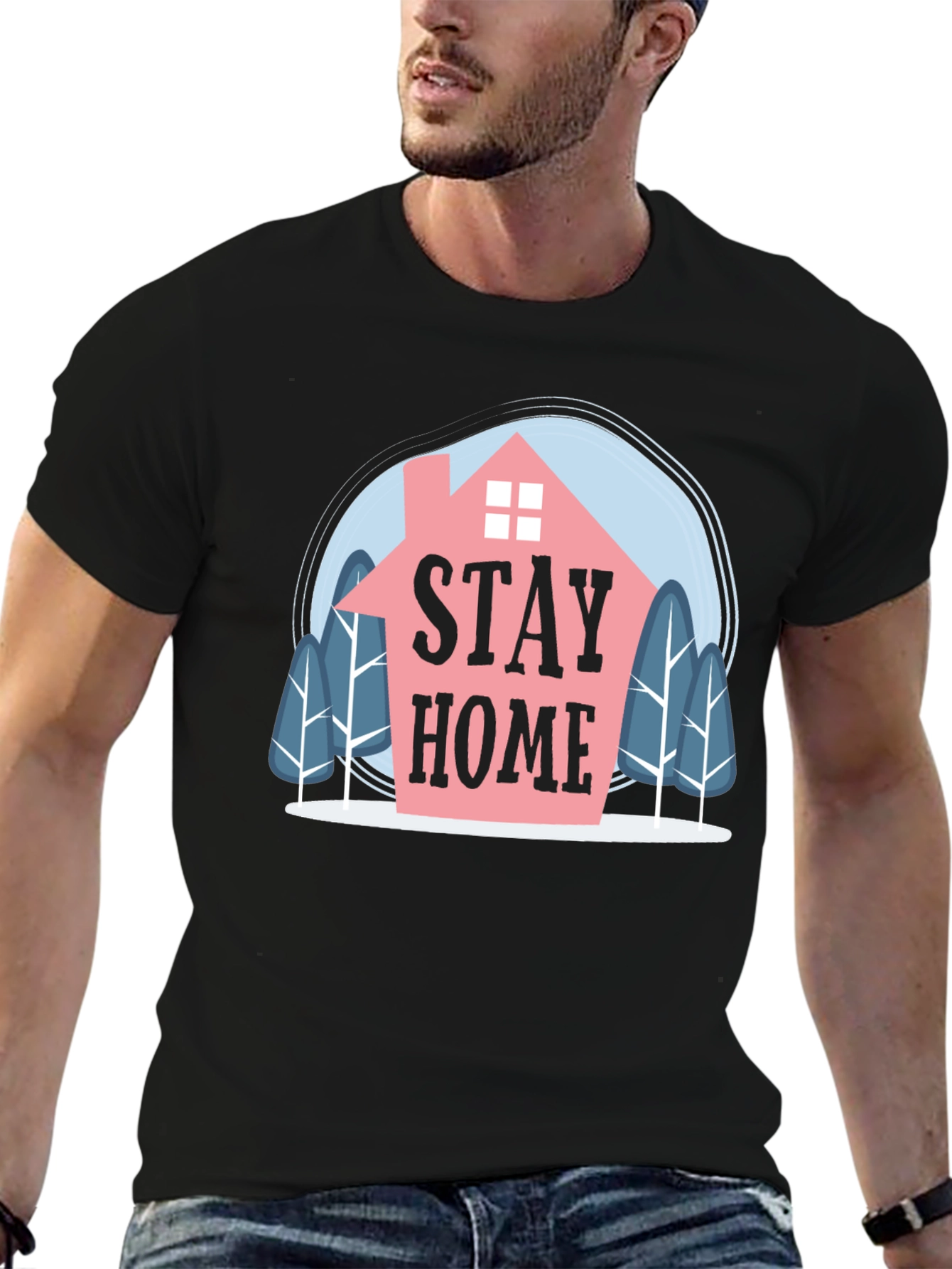 Stay Home Graphic Tee - Mens Black Cotton T-Shirt