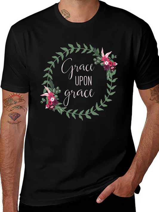 Grace Upon Grace Floral Wreath Black T-Shirt