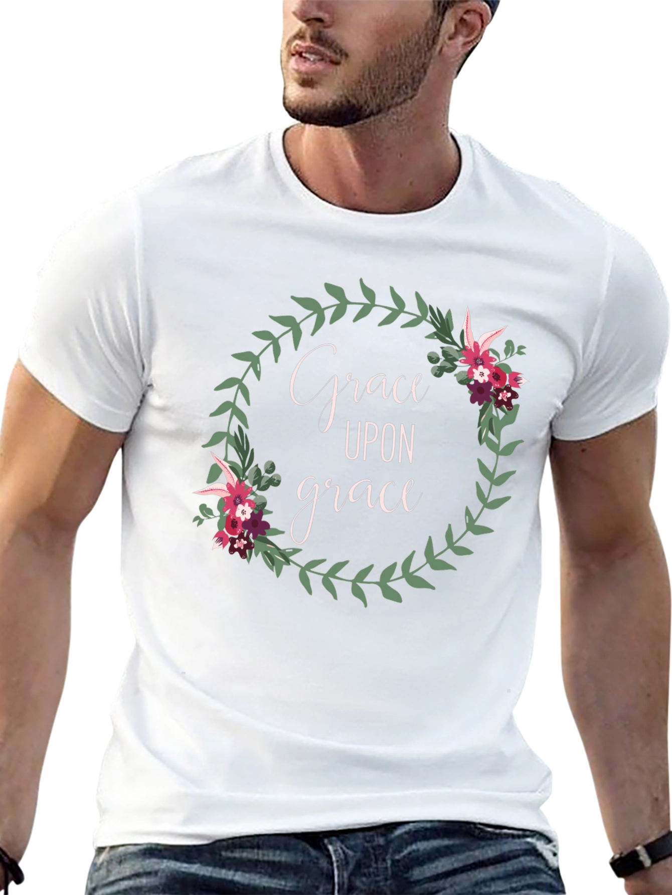 Grace Upon Grace Floral Wreath Black T-Shirt