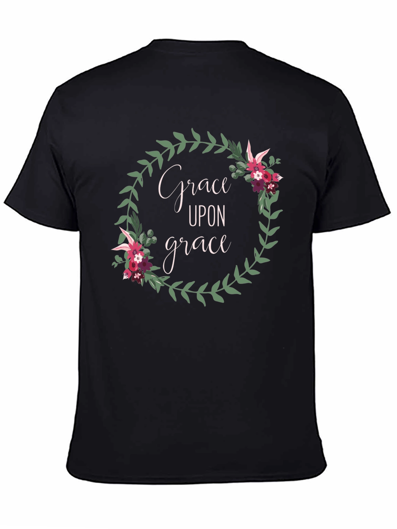 Grace Upon Grace Floral Wreath Black T-Shirt