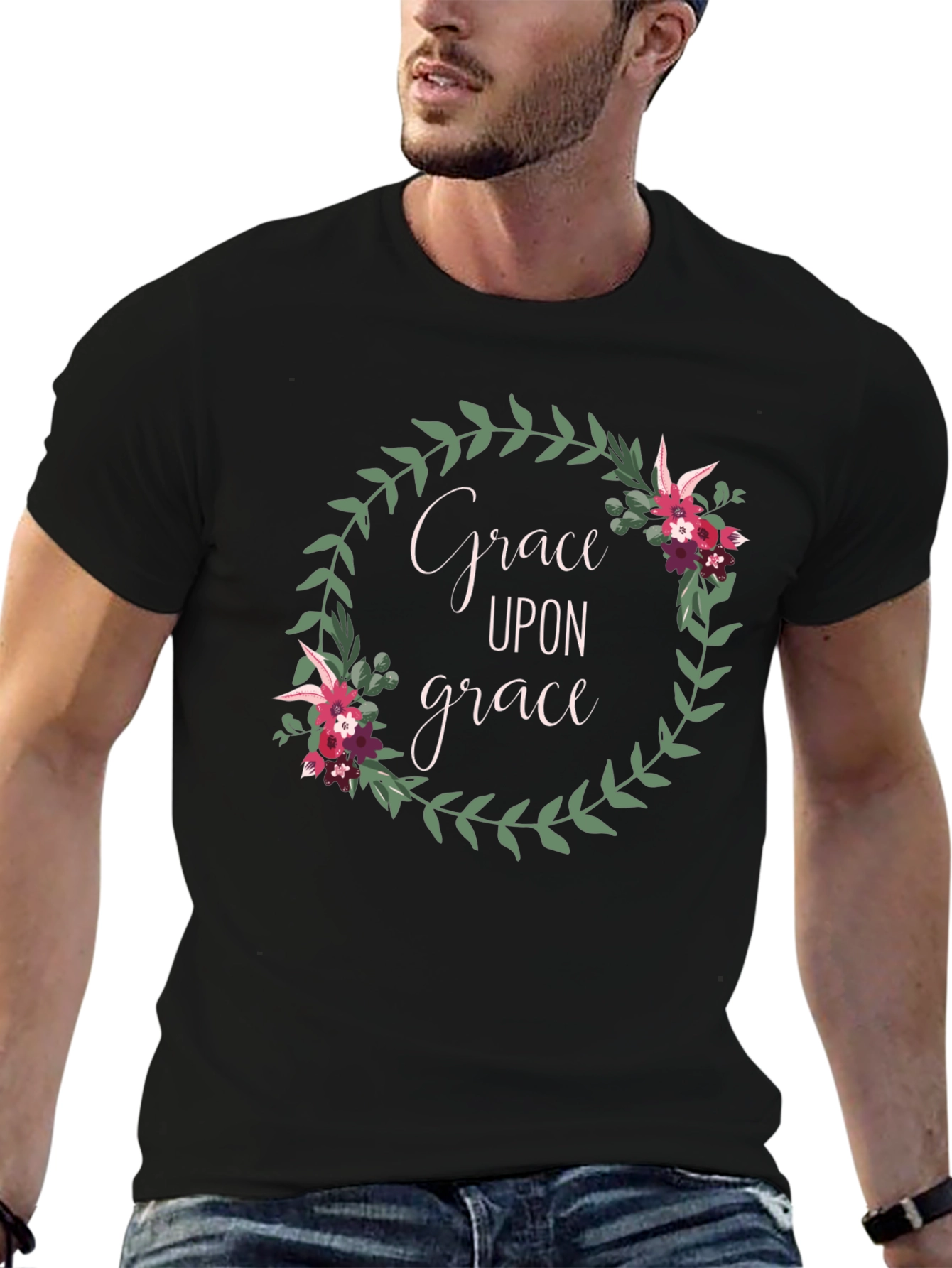 Grace Upon Grace Floral Wreath Black T-Shirt