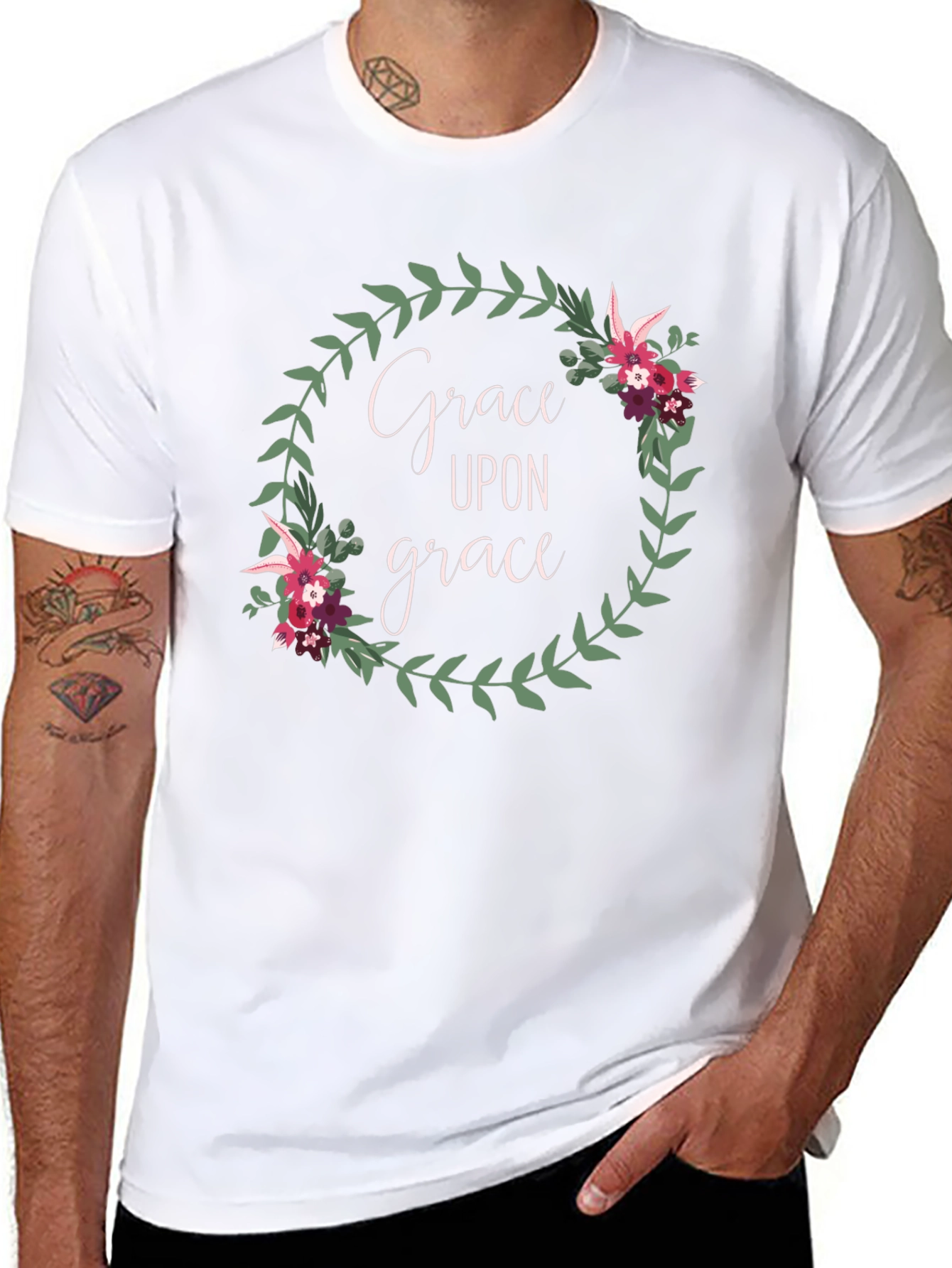 Grace Upon Grace Floral Wreath Black T-Shirt