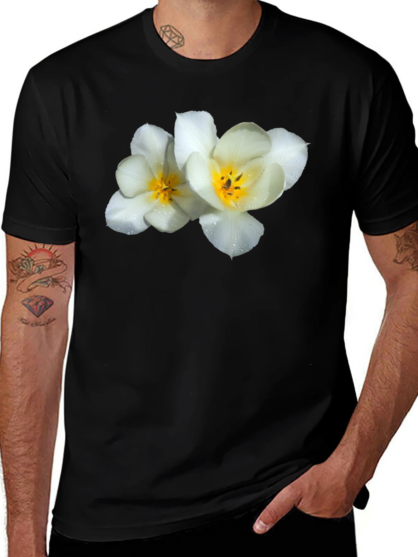 Floral Graphic Tee - White Flowers on Black