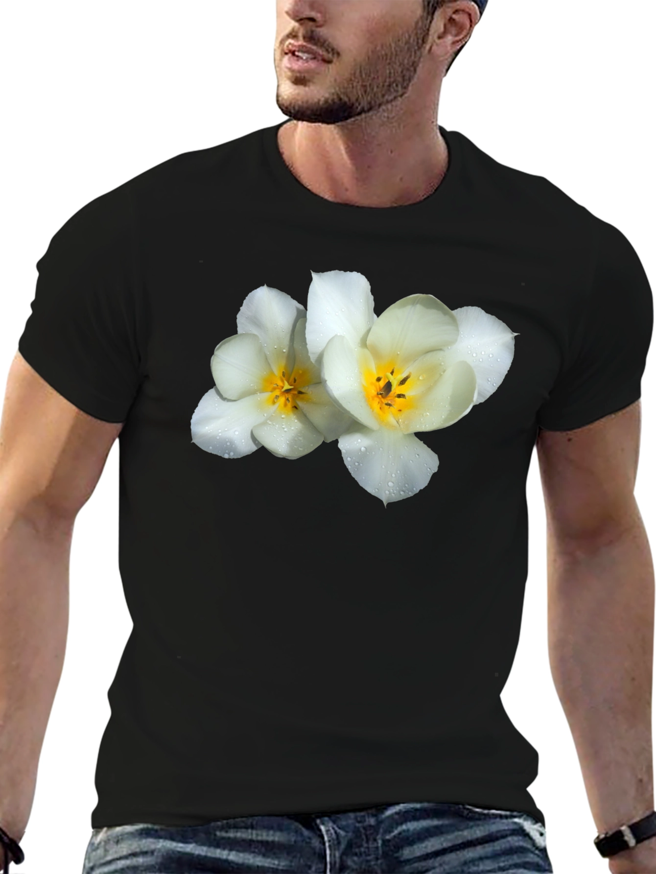 Floral Graphic Tee - White Flowers on Black