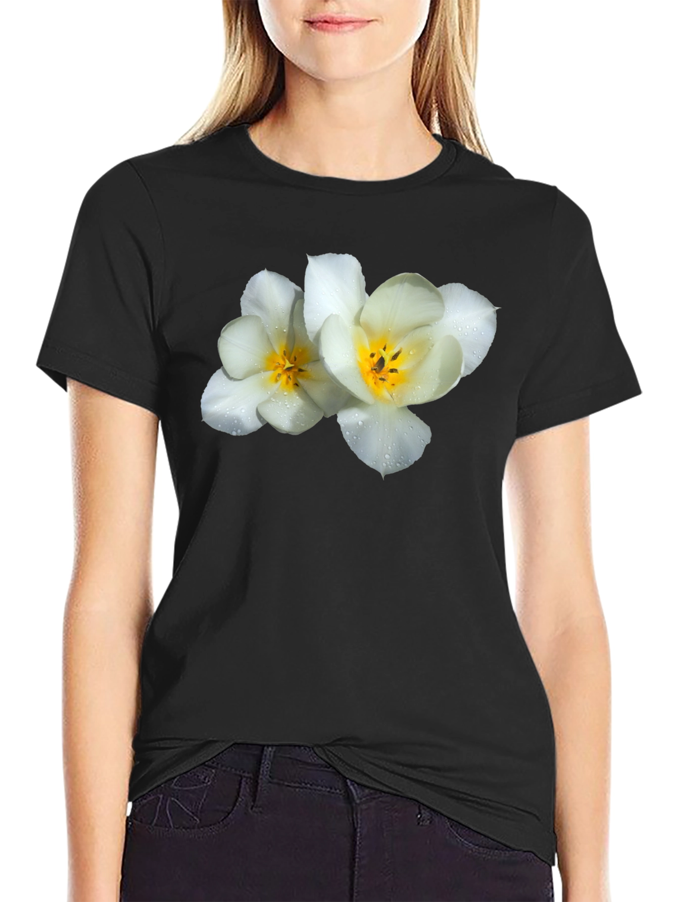 Floral Graphic Tee - White Flowers on Black