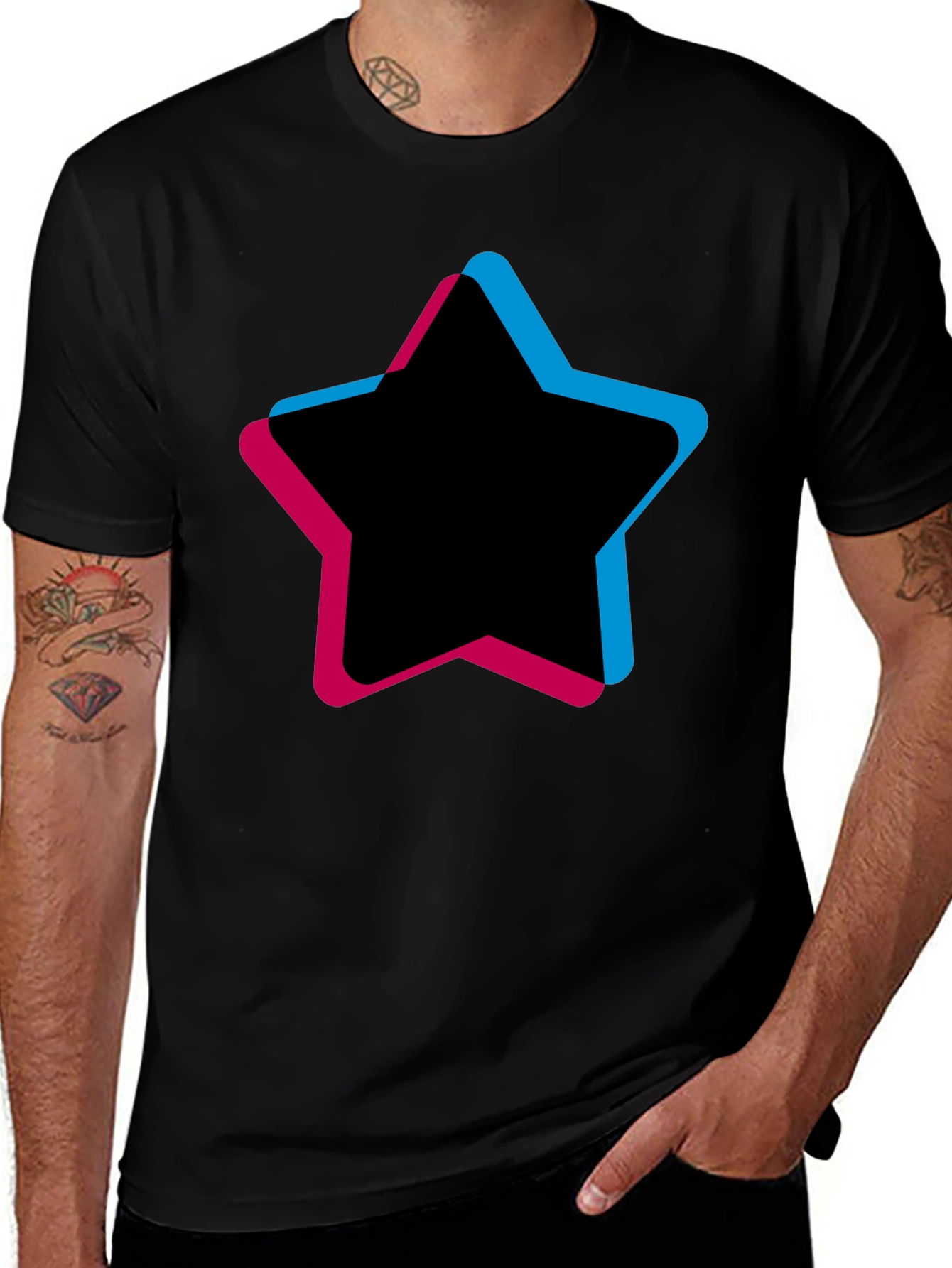 Mens Black T-Shirt with Star Graphic