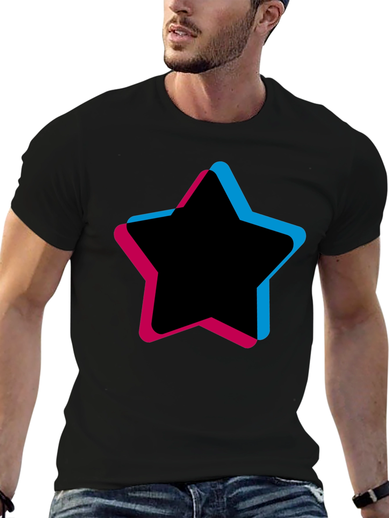 Mens Black T-Shirt with Star Graphic