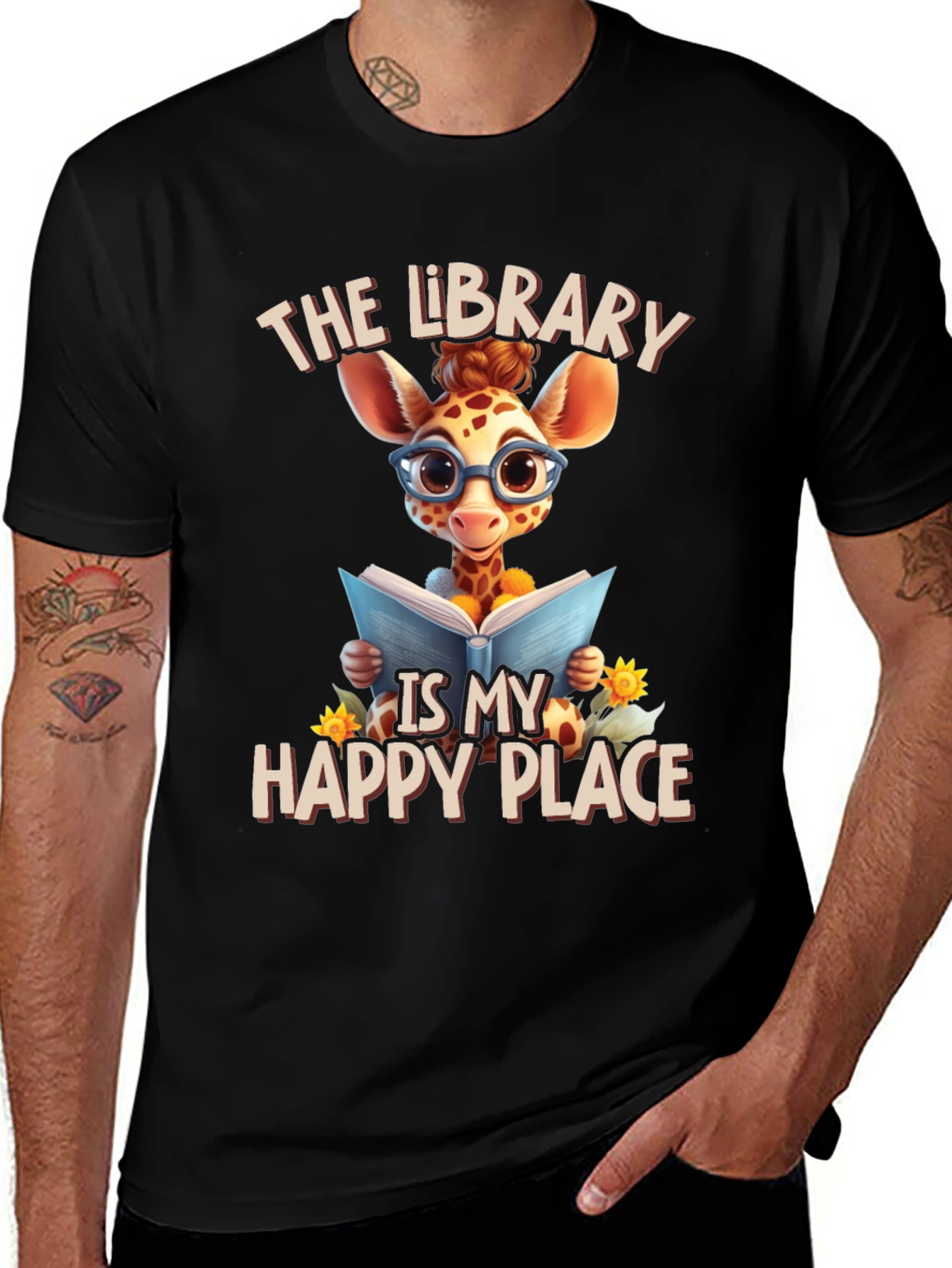 Giraffe Reader T-Shirt: Library is My Happy Place
