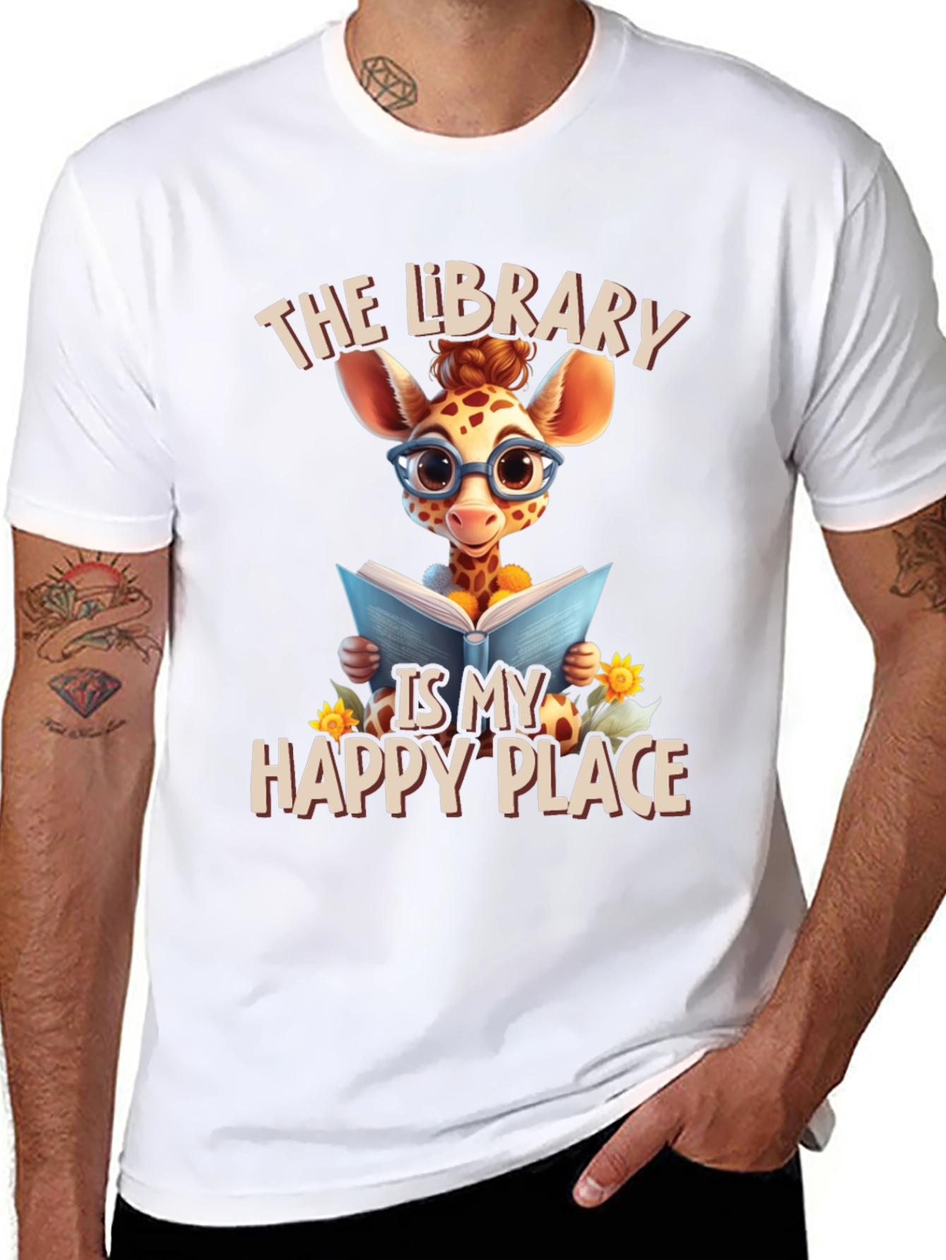 Giraffe Reader T-Shirt: Library is My Happy Place