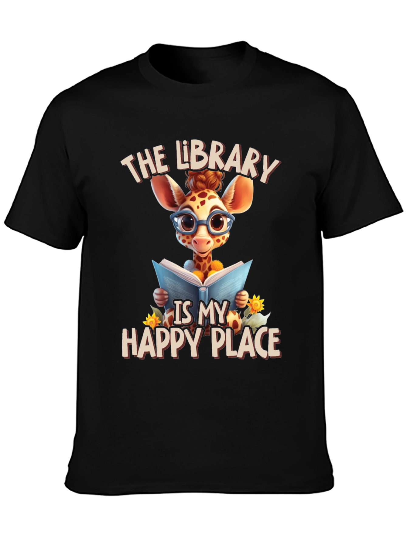 Giraffe Reader T-Shirt: Library is My Happy Place
