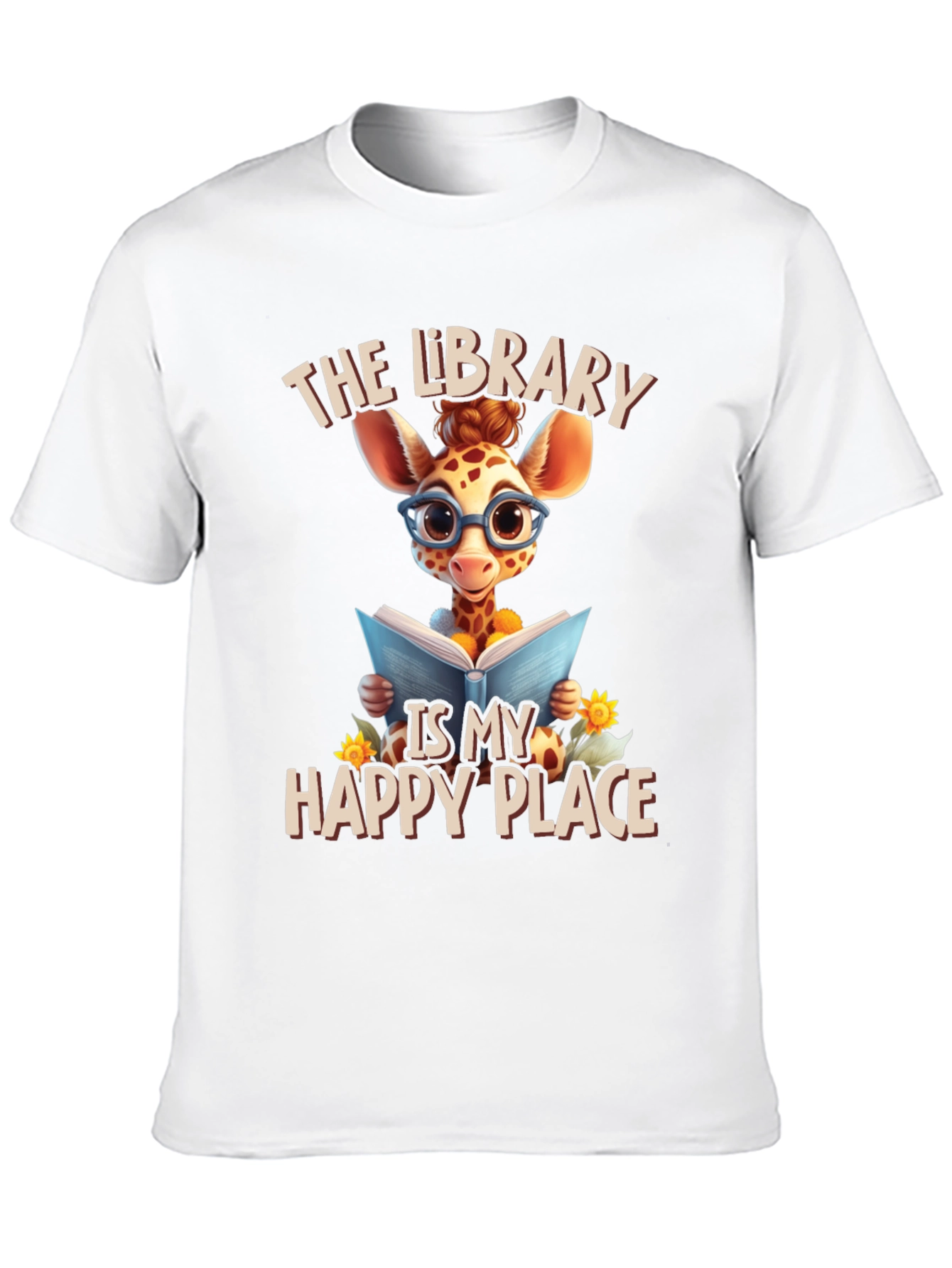 Giraffe Reader T-Shirt: Library is My Happy Place