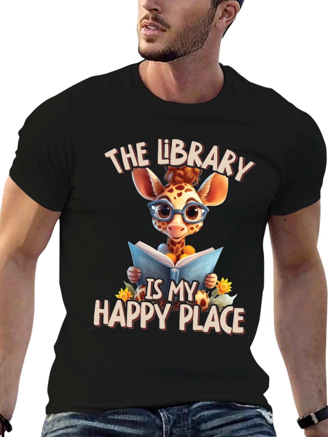 Giraffe Reader T-Shirt: Library is My Happy Place
