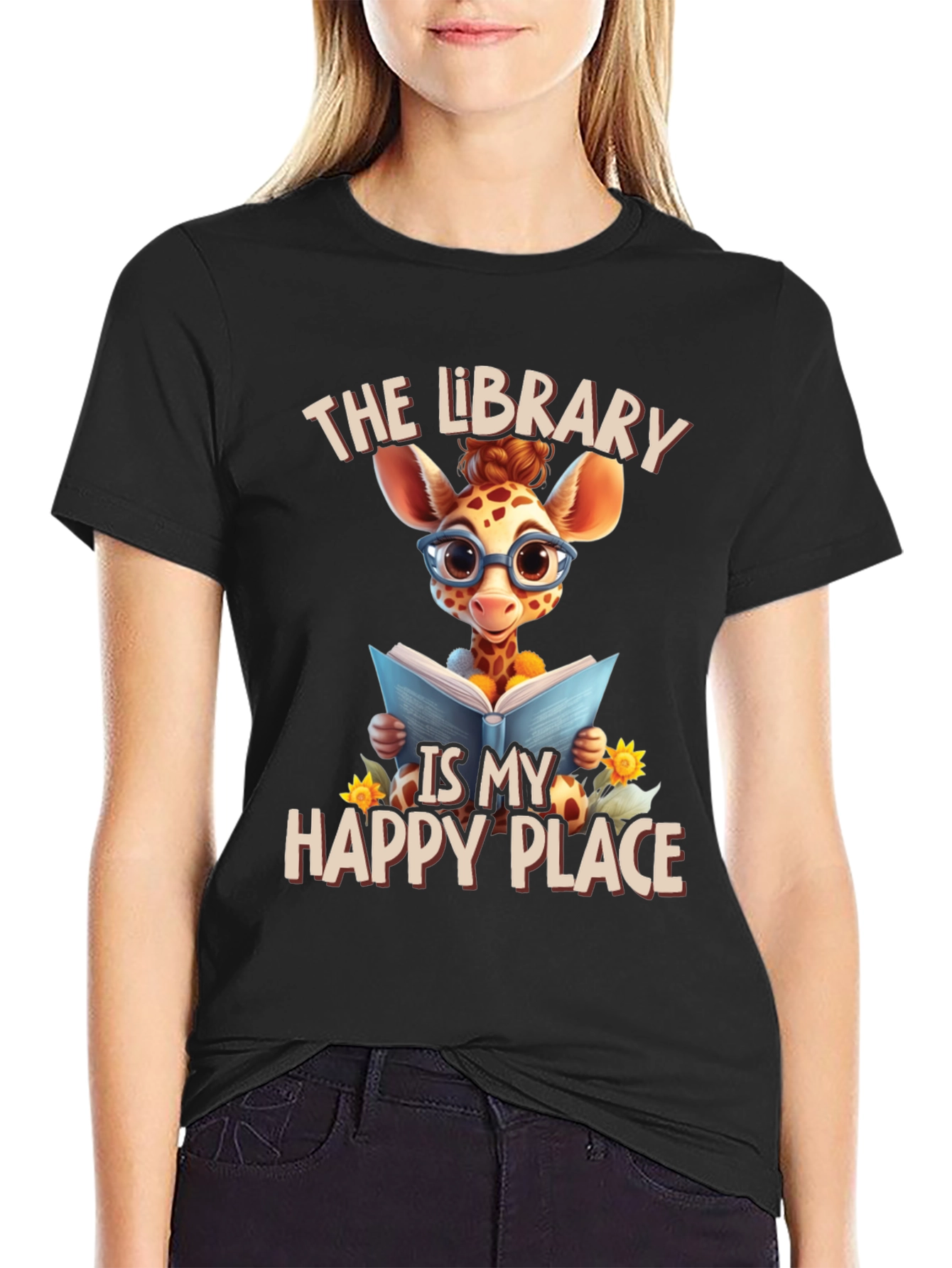 Giraffe Reader T-Shirt: Library is My Happy Place