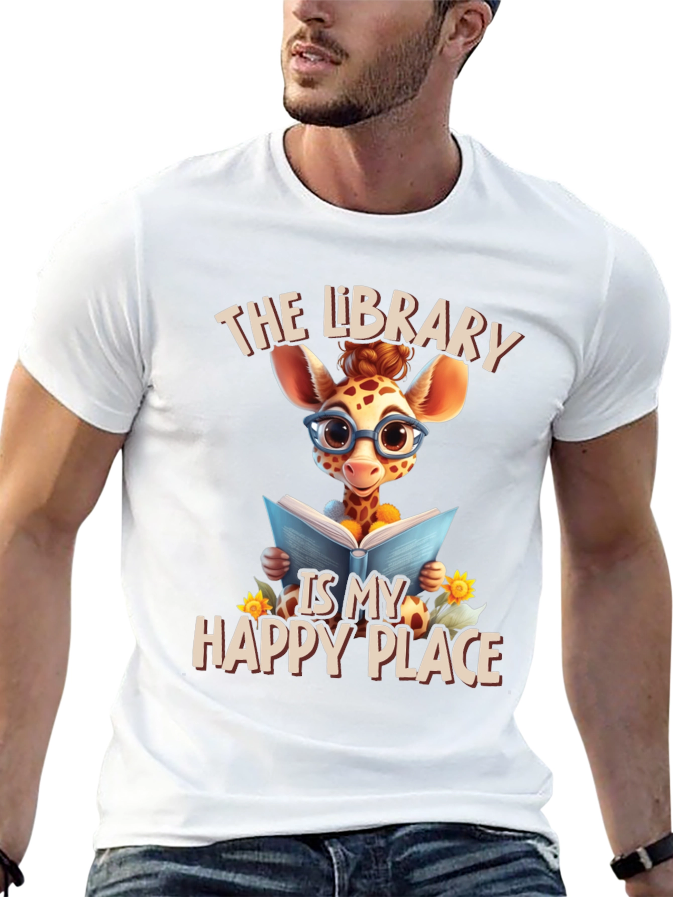 Giraffe Reader T-Shirt: Library is My Happy Place
