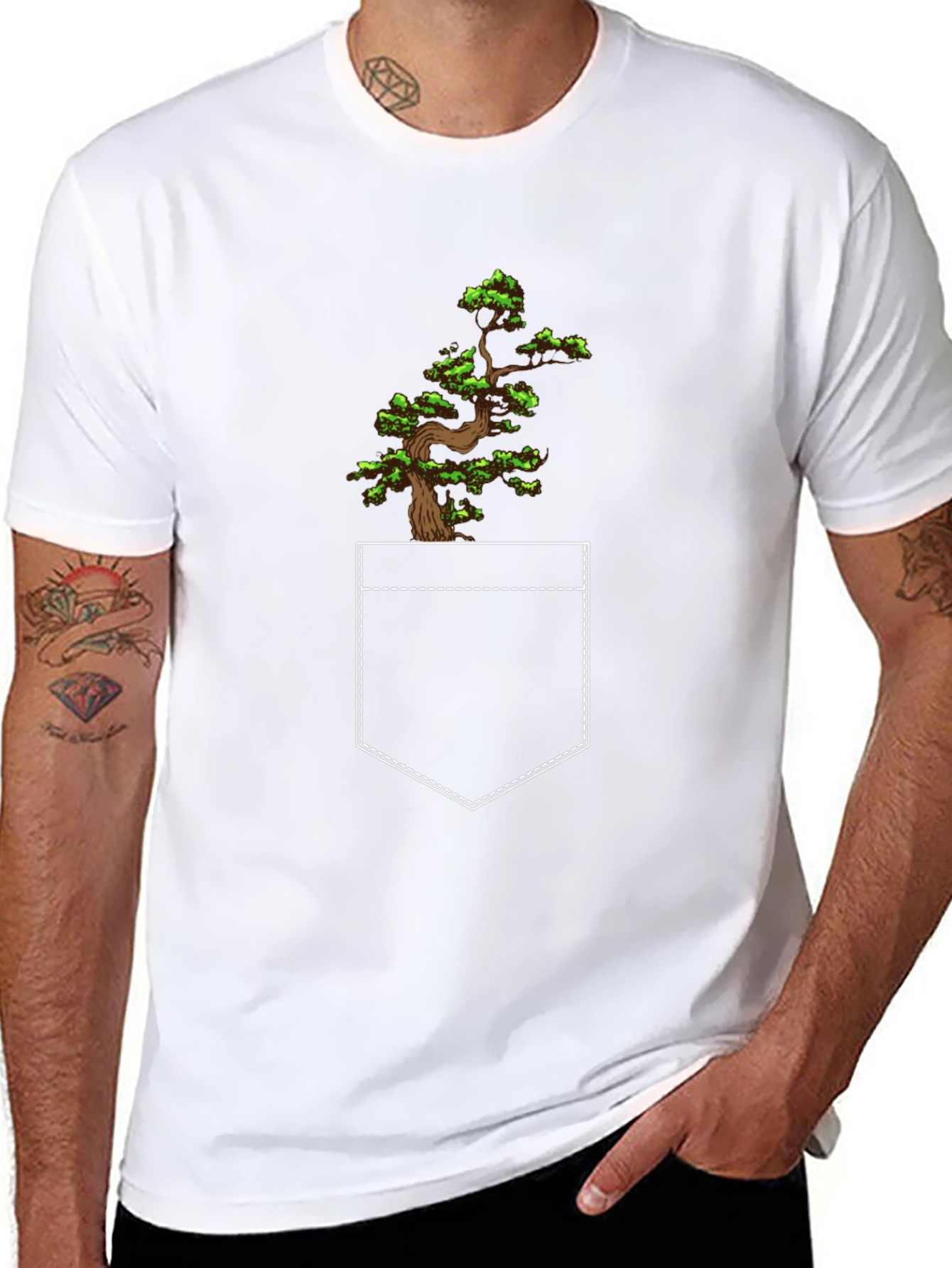 Bonsai Tree Pocket Print Black T-Shirt