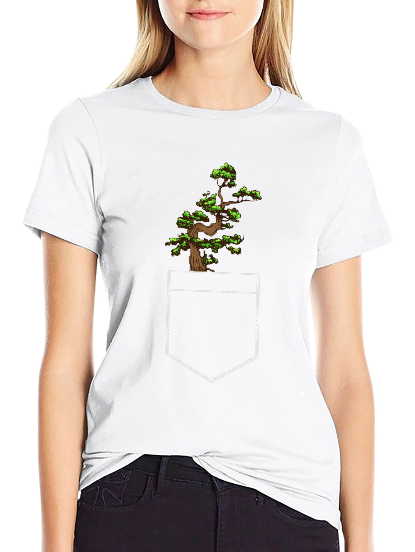 Bonsai Tree Pocket Print Black T-Shirt