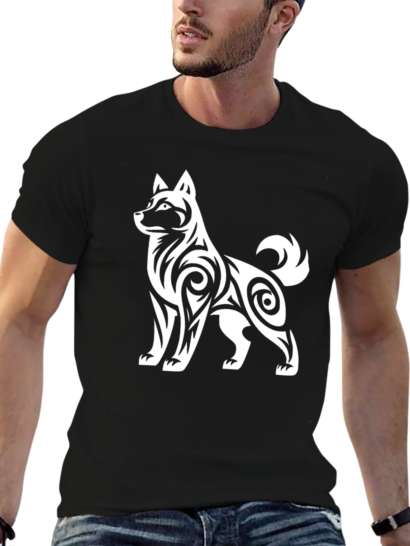 Mens Tribal Dog Graphic Black T-Shirt